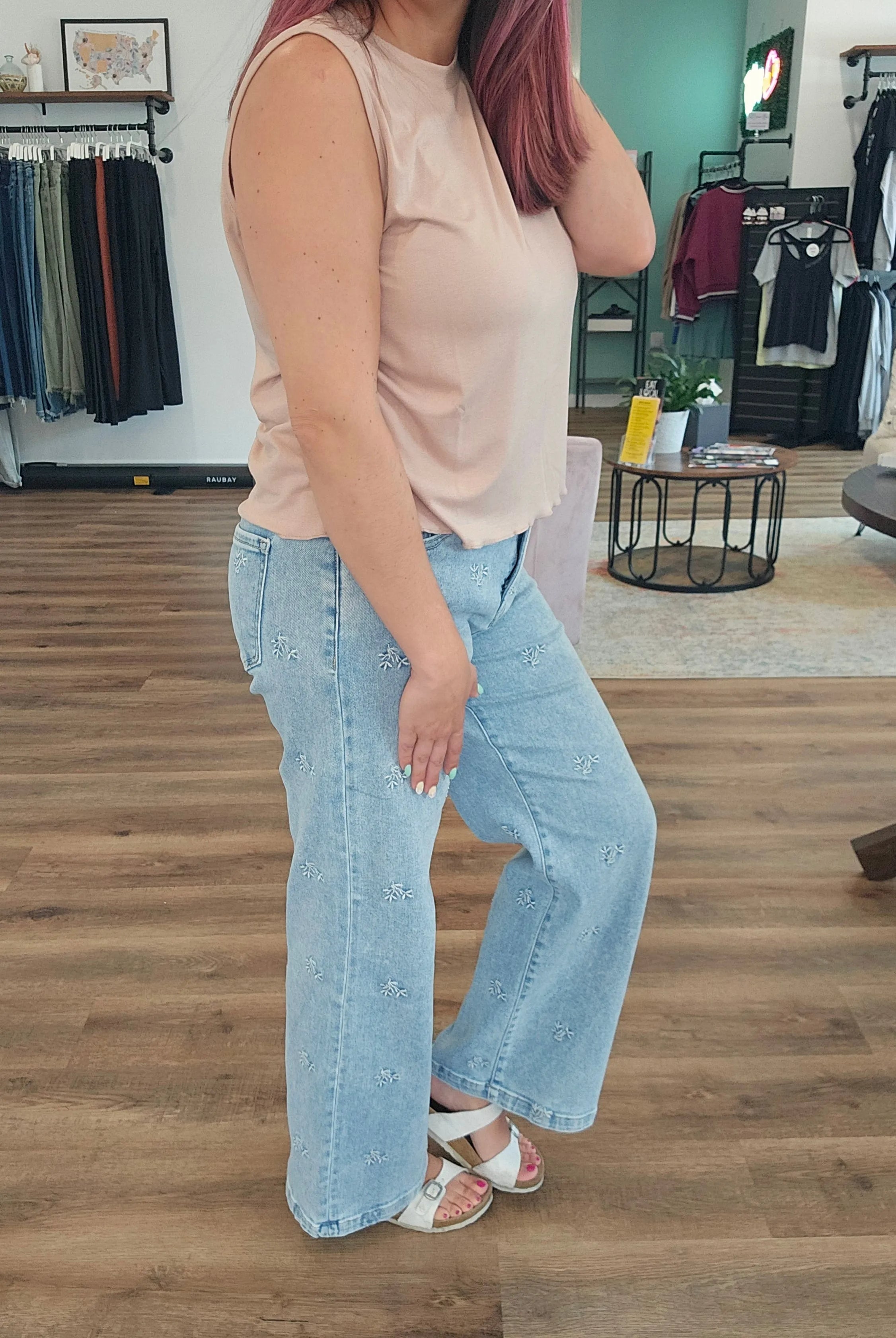 Shop Wide Leg Floral Embroidered Jeans | Risen- at Ruby Joy Boutique, a Women's Clothing Store in Pickerington, Ohio