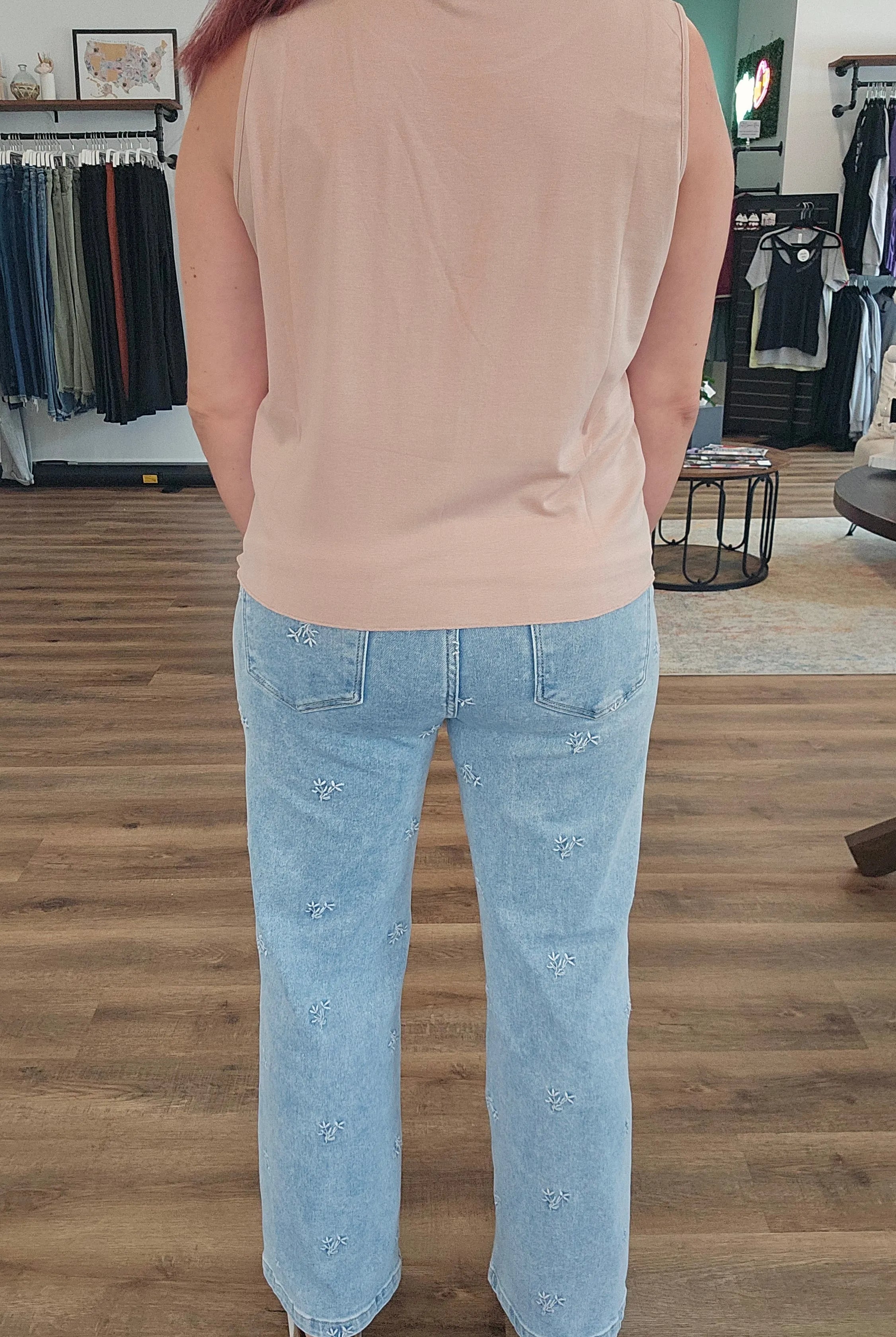 Shop Wide Leg Floral Embroidered Jeans | Risen- at Ruby Joy Boutique, a Women's Clothing Store in Pickerington, Ohio