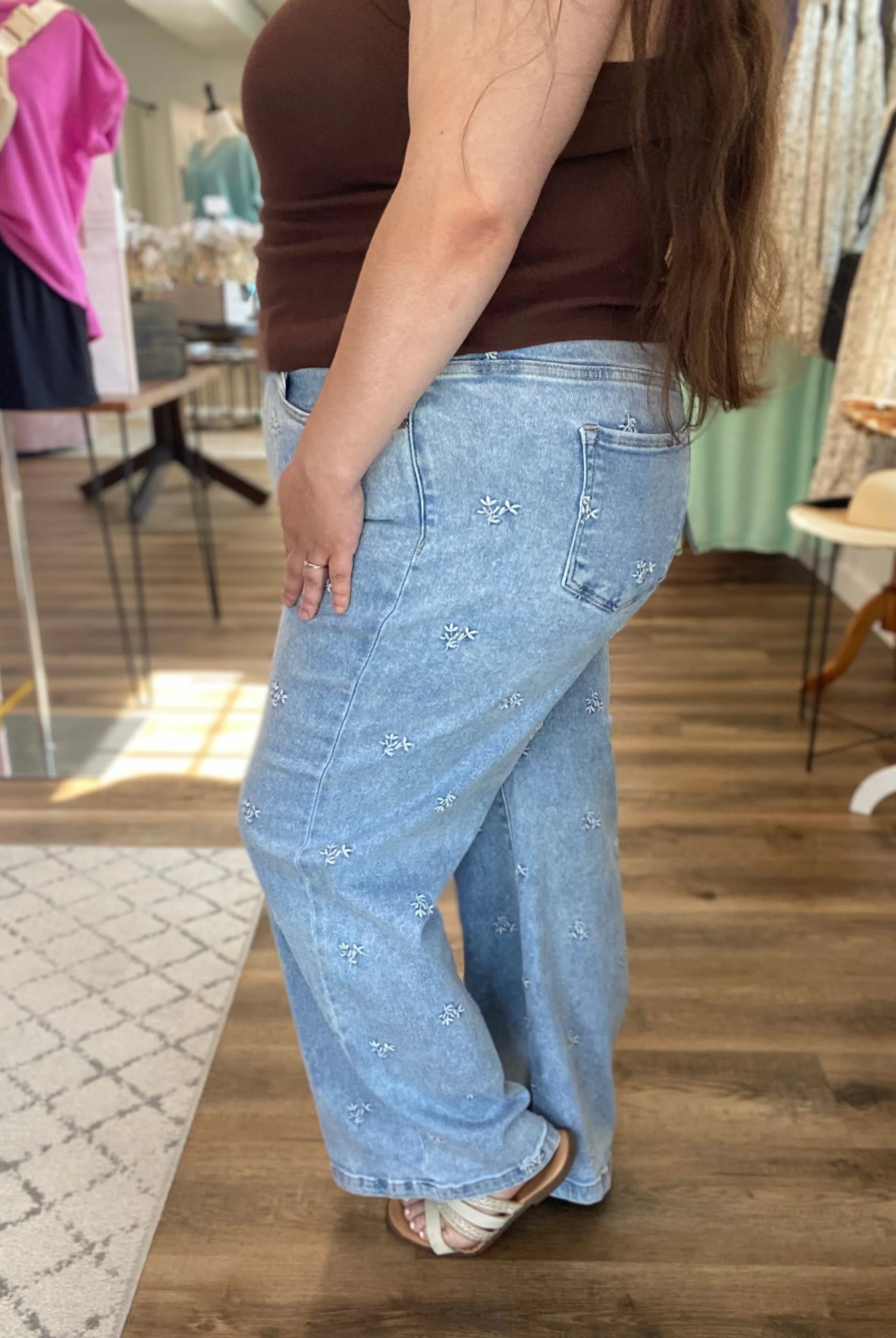 Shop Wide Leg Floral Embroidered Jeans | Risen-1XL at Ruby Joy Boutique, a Women's Clothing Store in Pickerington, Ohio