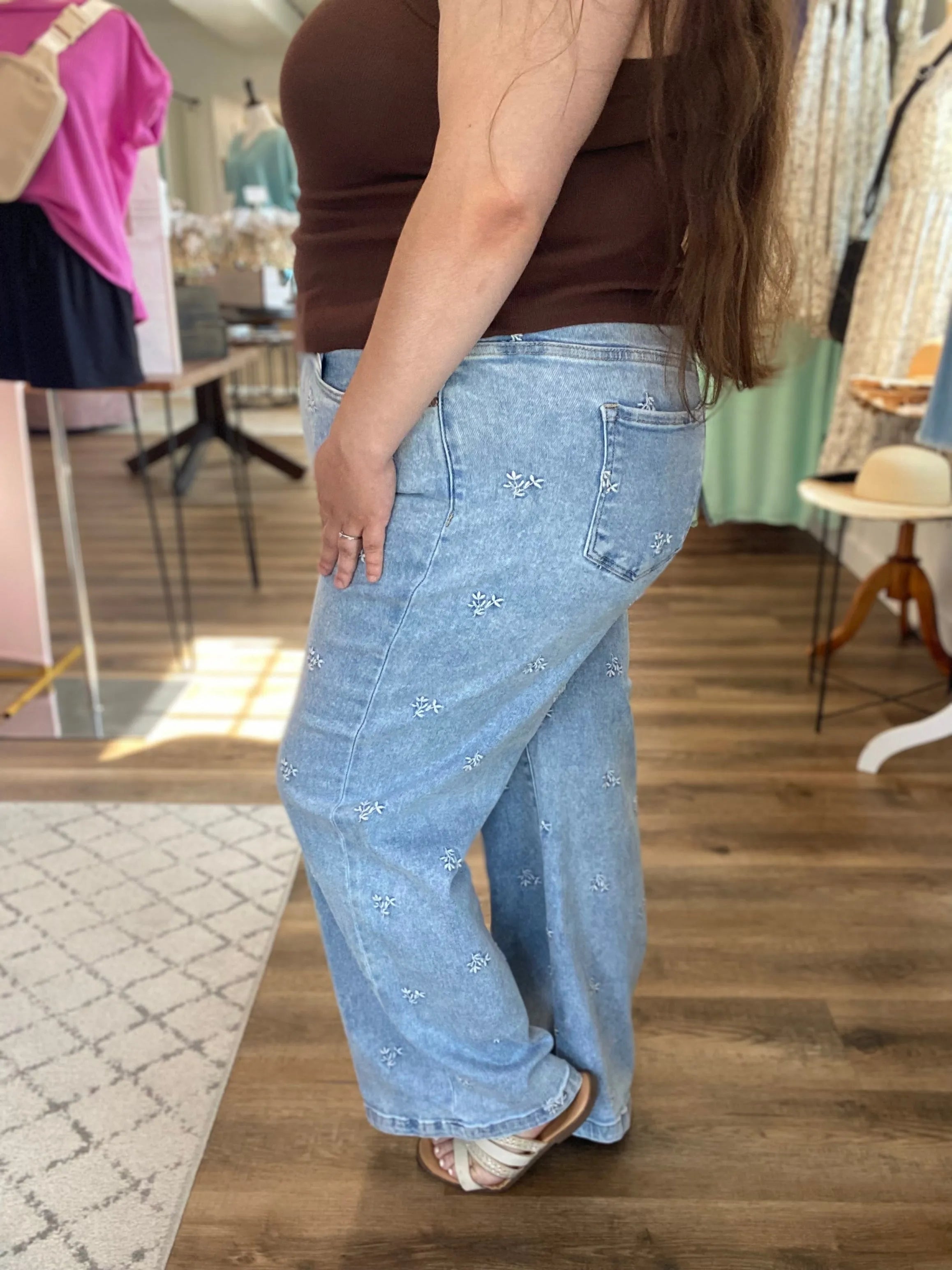 Shop Wide Leg Floral Embroidered Jeans | Risen-1XL at Ruby Joy Boutique, a Women's Clothing Store in Pickerington, Ohio