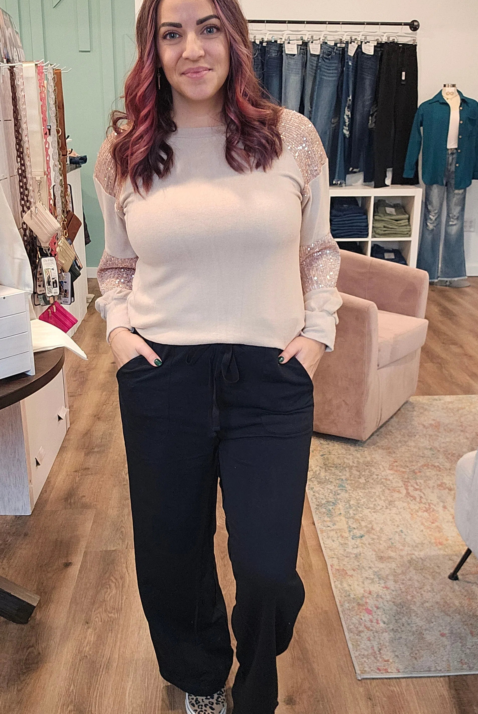 Shop Willa Straight Leg Pants with Pockets - Black-Pants at Ruby Joy Boutique, a Women's Clothing Store in Pickerington, Ohio