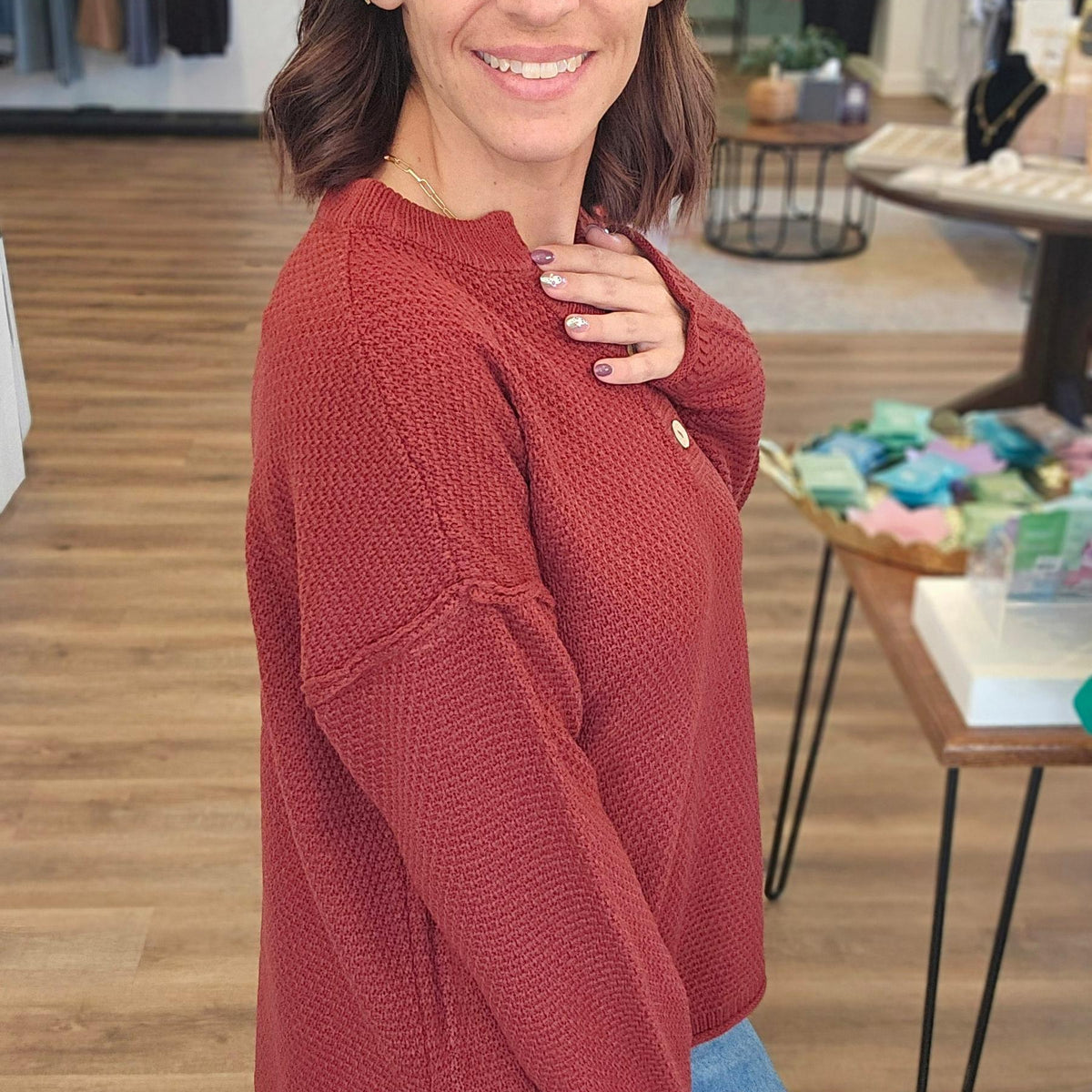Shop Rolled Hem Henley Sweater - Dark Rust- at Ruby Joy Boutique, a Women's Clothing Store in Pickerington, Ohio