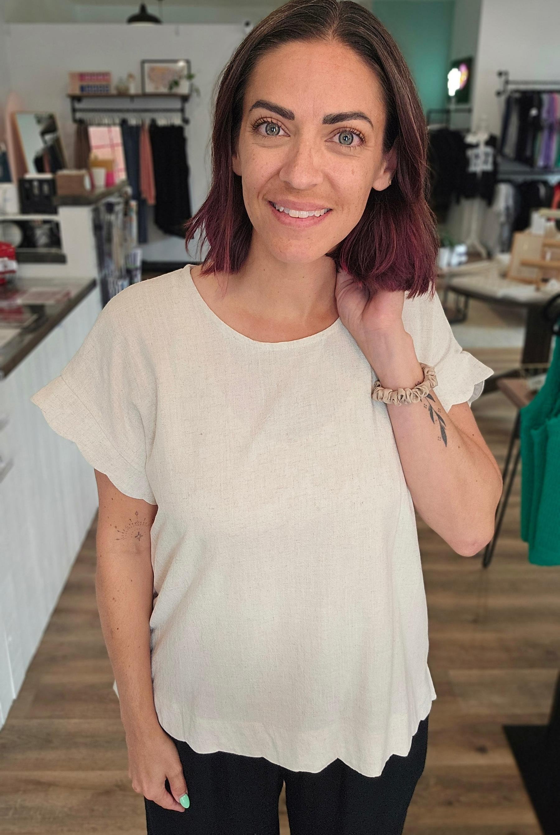 Shop Scalloped Hem Linen Blend Top - Oatmeal- at Ruby Joy Boutique, a Women's Clothing Store in Pickerington, Ohio