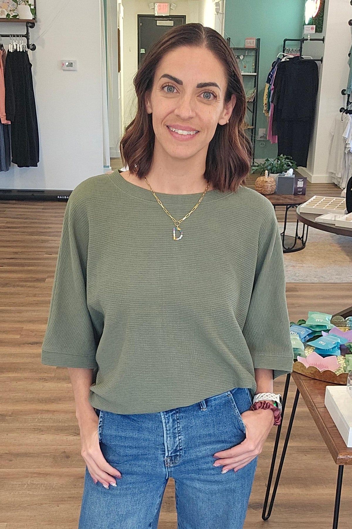Shop Baby Waffle Knit Boxy Top - Light Olive- at Ruby Joy Boutique, a Women's Clothing Store in Pickerington, Ohio
