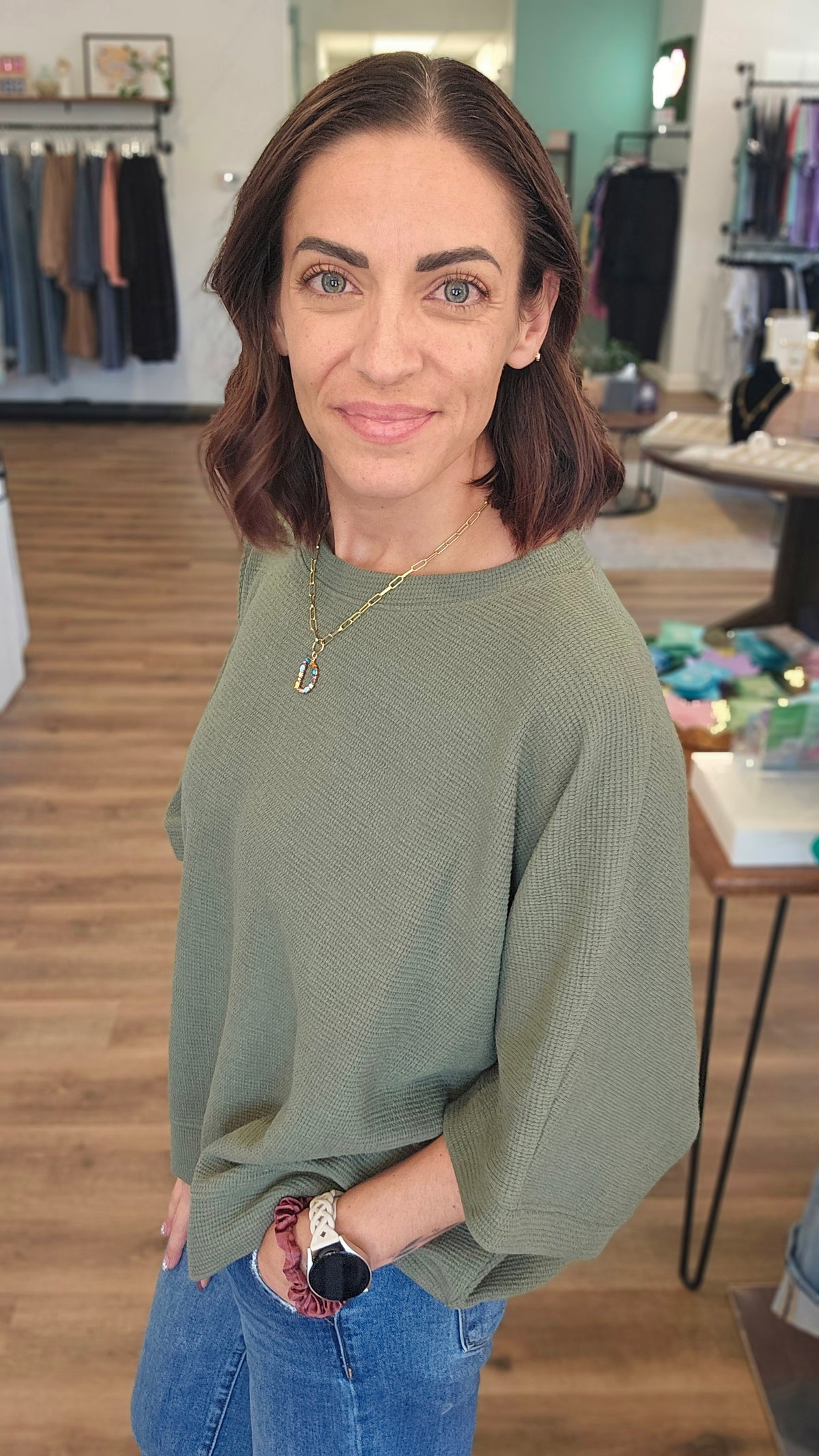 Shop Baby Waffle Knit Boxy Top - Light Olive- at Ruby Joy Boutique, a Women's Clothing Store in Pickerington, Ohio