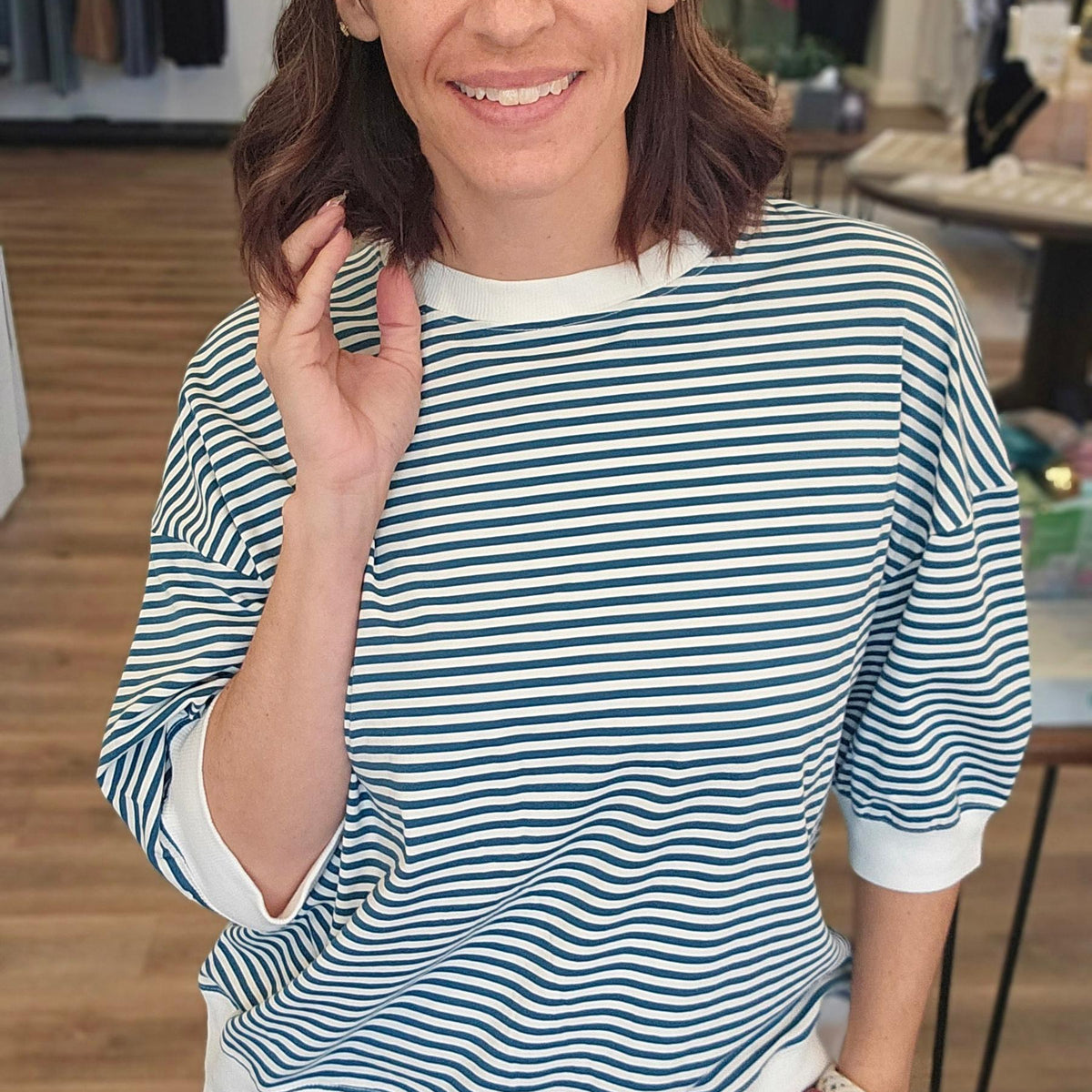 Shop Teal Striped Half-Sleeve Top- at Ruby Joy Boutique, a Women's Clothing Store in Pickerington, Ohio