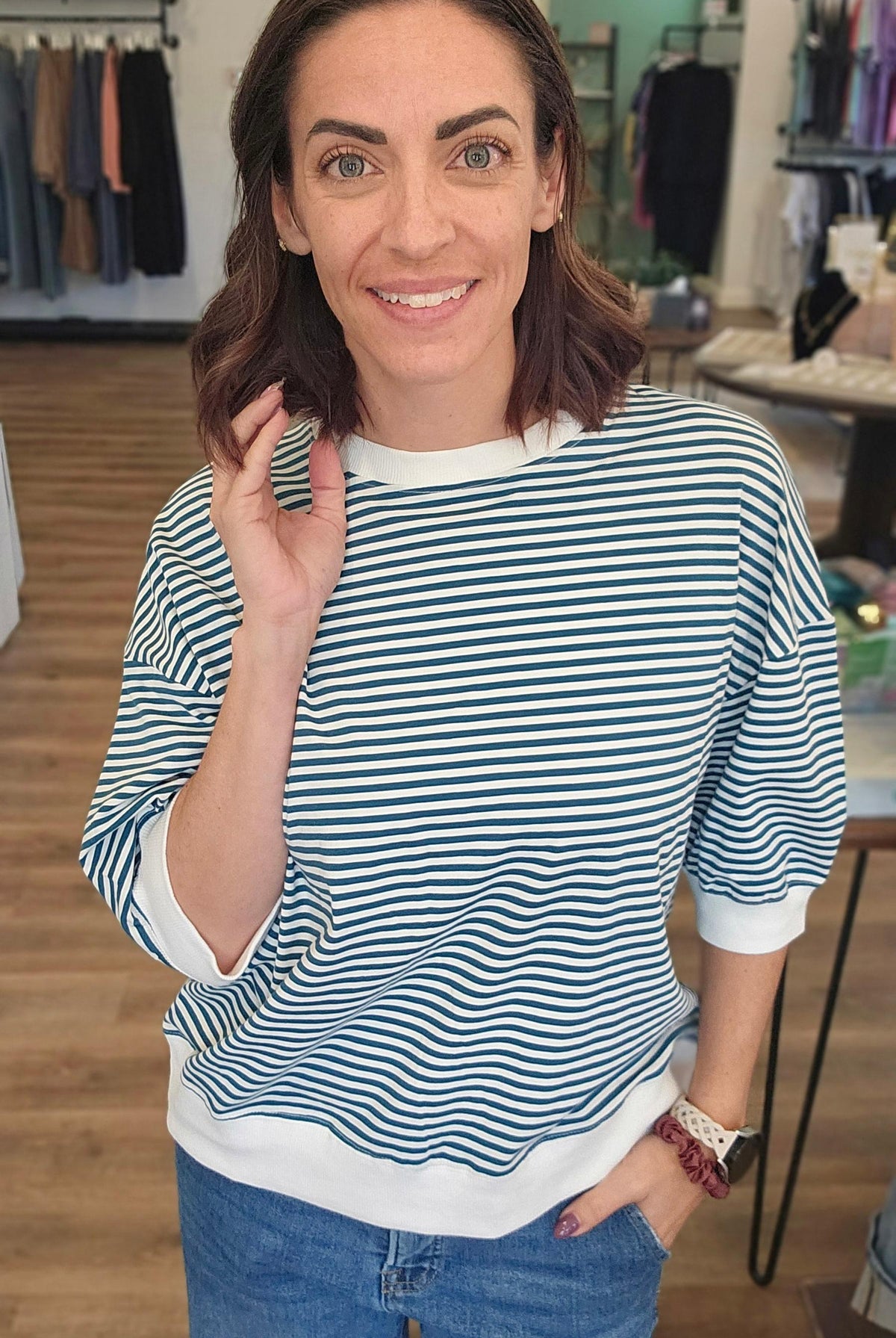 Shop Teal Striped Half-Sleeve Top- at Ruby Joy Boutique, a Women's Clothing Store in Pickerington, Ohio