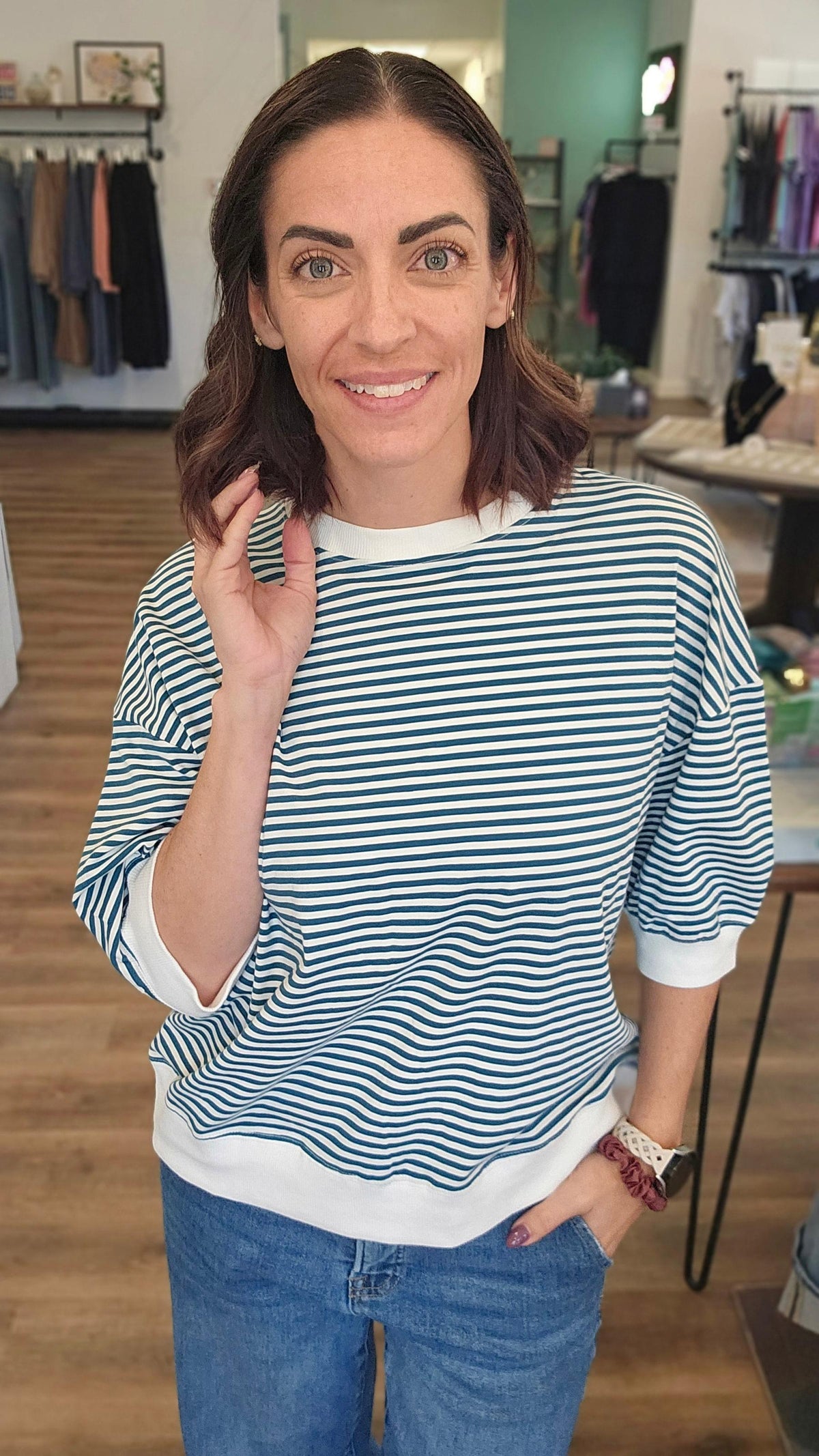 Shop Teal Striped Half-Sleeve Top- at Ruby Joy Boutique, a Women's Clothing Store in Pickerington, Ohio