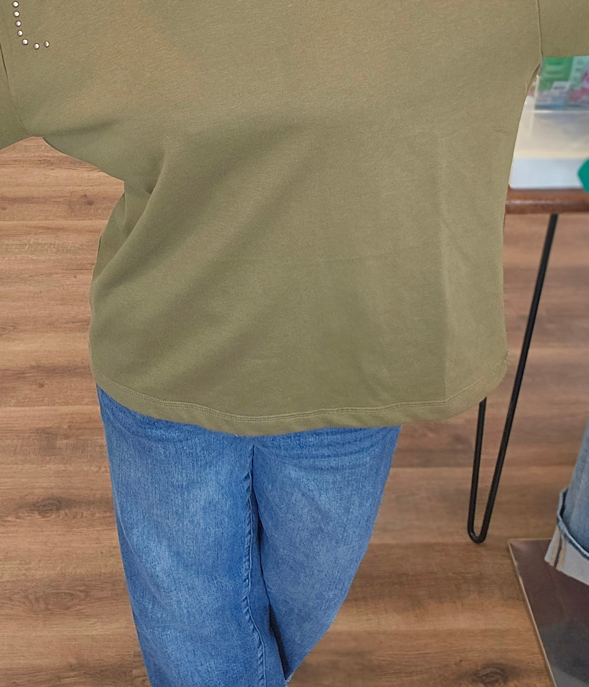 Shop Stud Shoulder Sweatshirt: Olive- at Ruby Joy Boutique, a Women's Clothing Store in Pickerington, Ohio