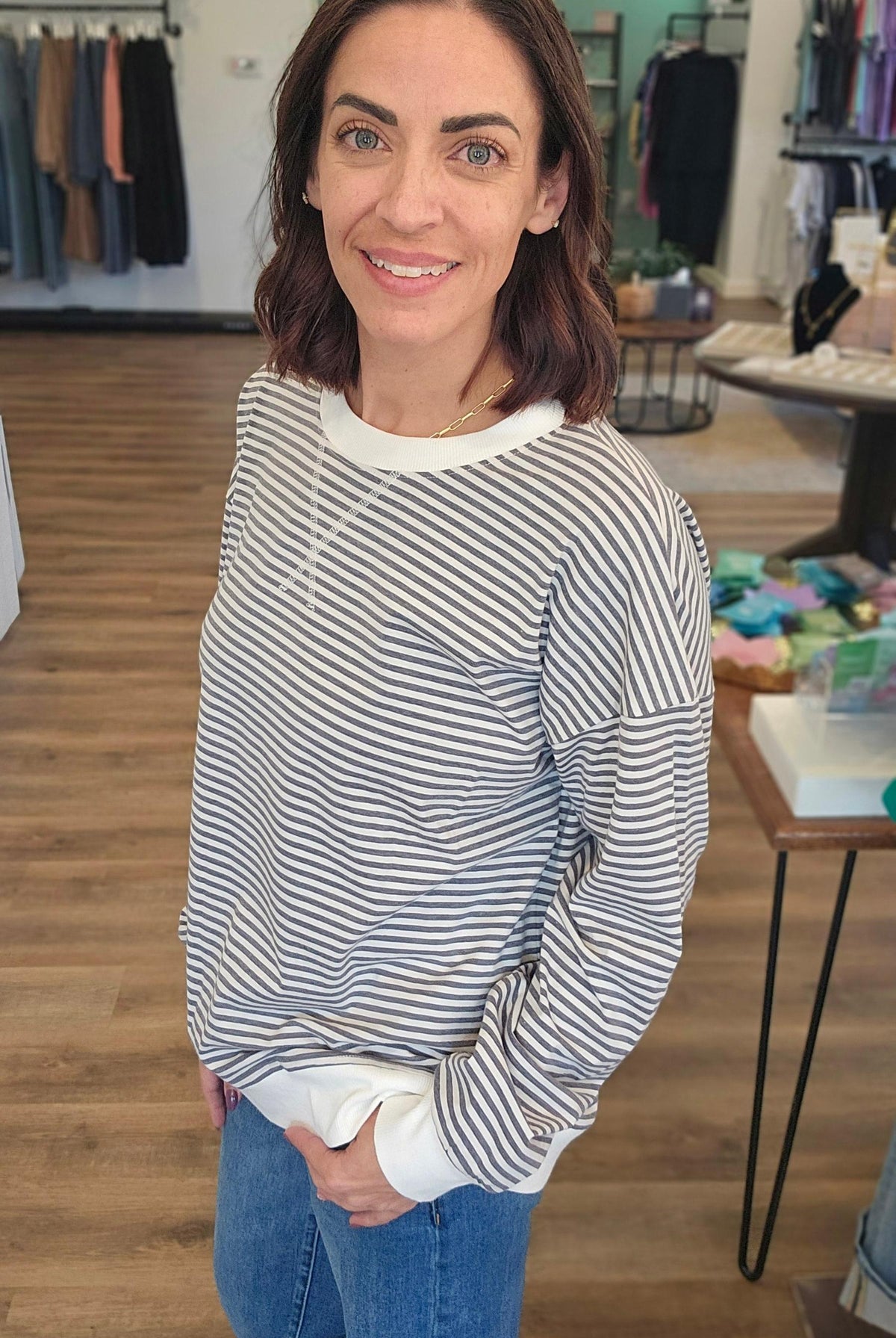 Shop Long Sleeve Charcoal Striped Top- at Ruby Joy Boutique, a Women's Clothing Store in Pickerington, Ohio