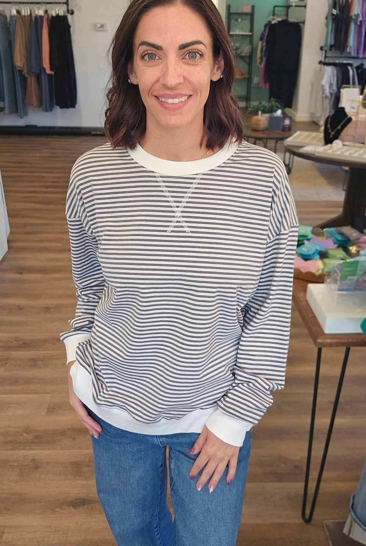 Shop Long Sleeve Charcoal Striped Top- at Ruby Joy Boutique, a Women's Clothing Store in Pickerington, Ohio