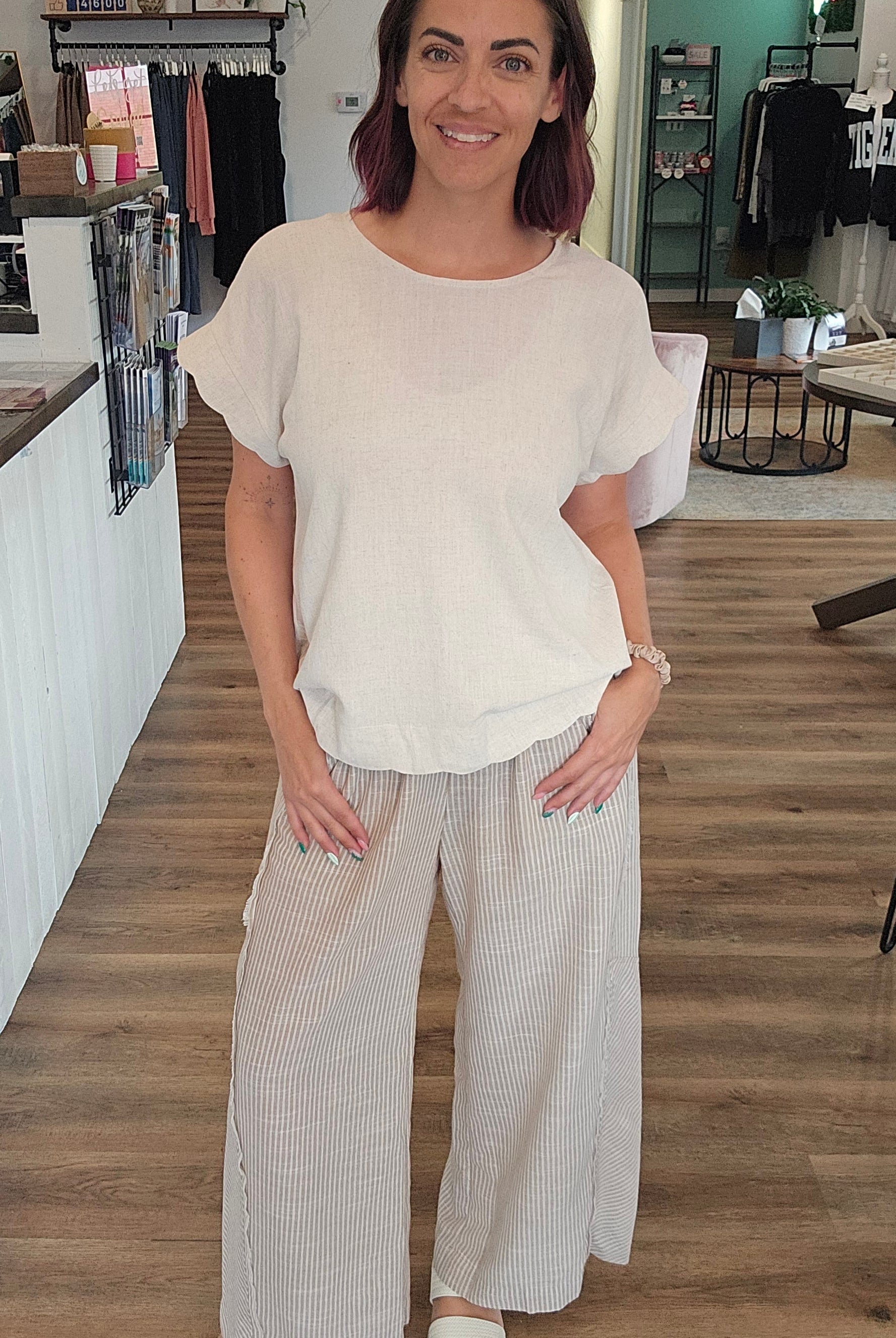 Shop Striped Wide Leg Linen Blend Pants - Tan- at Ruby Joy Boutique, a Women's Clothing Store in Pickerington, Ohio
