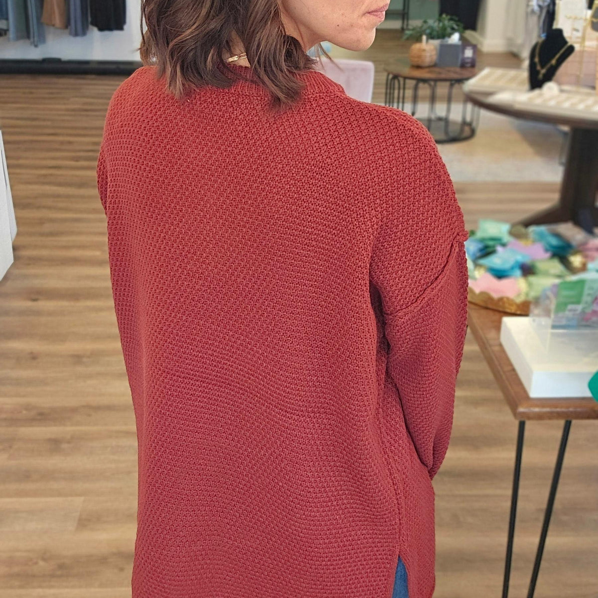 Shop Rolled Hem Henley Sweater - Dark Rust- at Ruby Joy Boutique, a Women's Clothing Store in Pickerington, Ohio