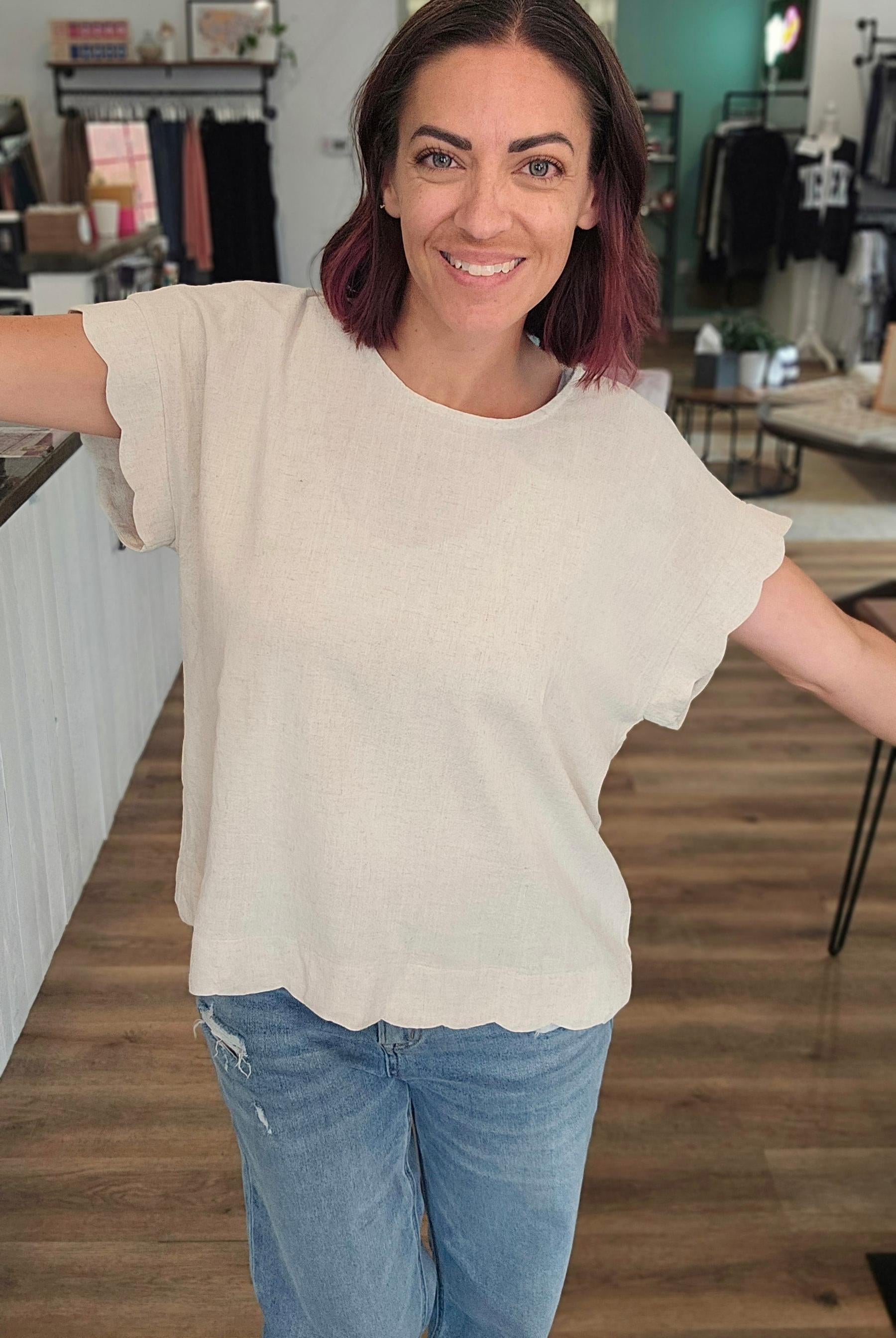 Shop Scalloped Hem Linen Blend Top - Oatmeal- at Ruby Joy Boutique, a Women's Clothing Store in Pickerington, Ohio