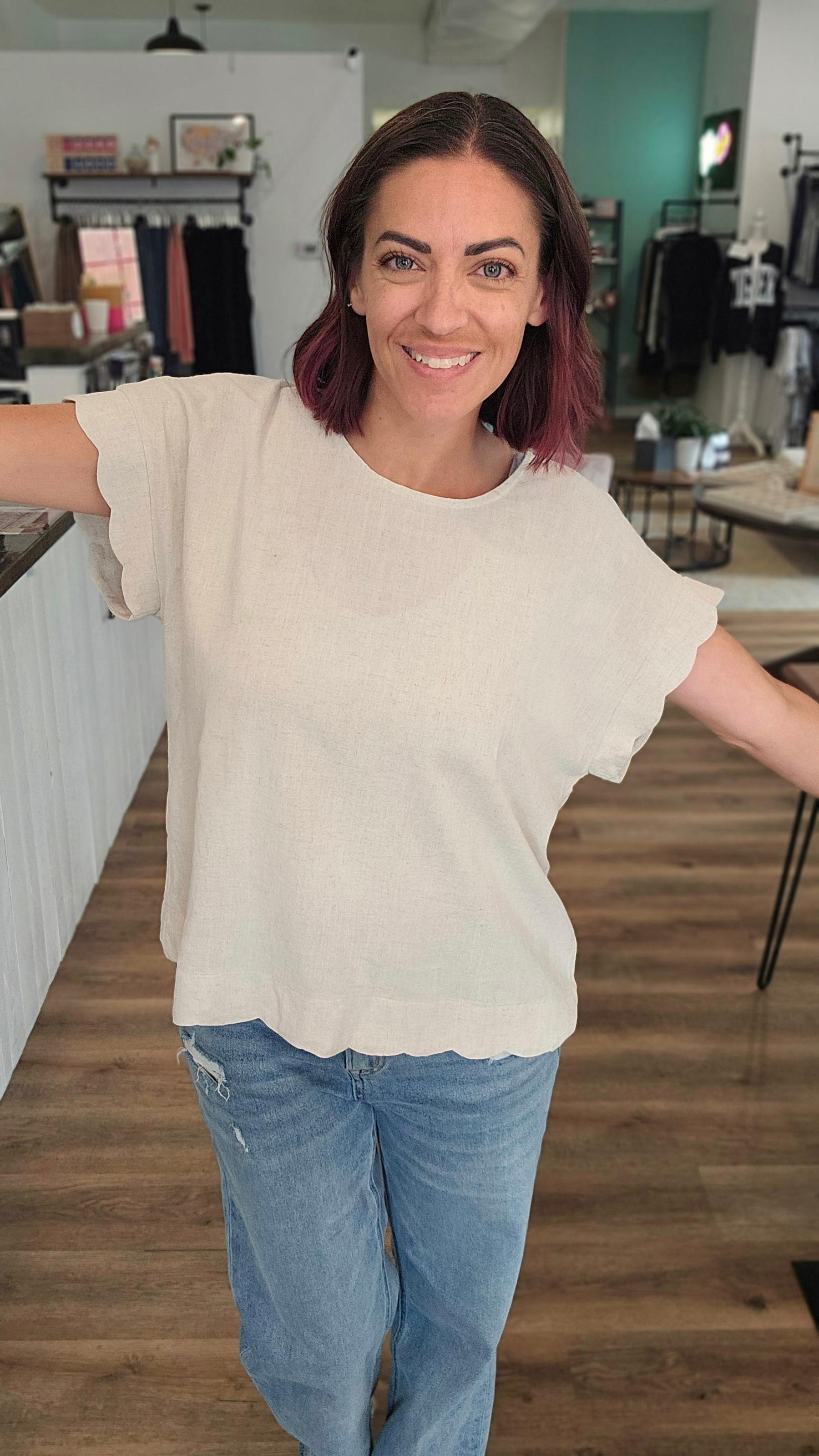Shop Scalloped Hem Linen Blend Top - Oatmeal- at Ruby Joy Boutique, a Women's Clothing Store in Pickerington, Ohio