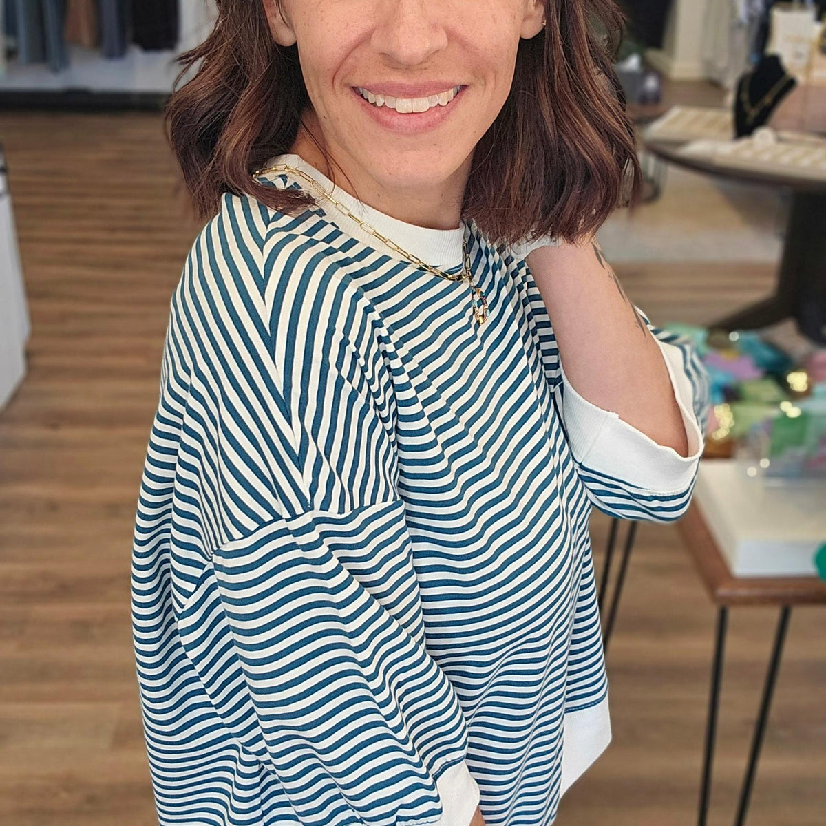 Shop Teal Striped Half-Sleeve Top- at Ruby Joy Boutique, a Women's Clothing Store in Pickerington, Ohio
