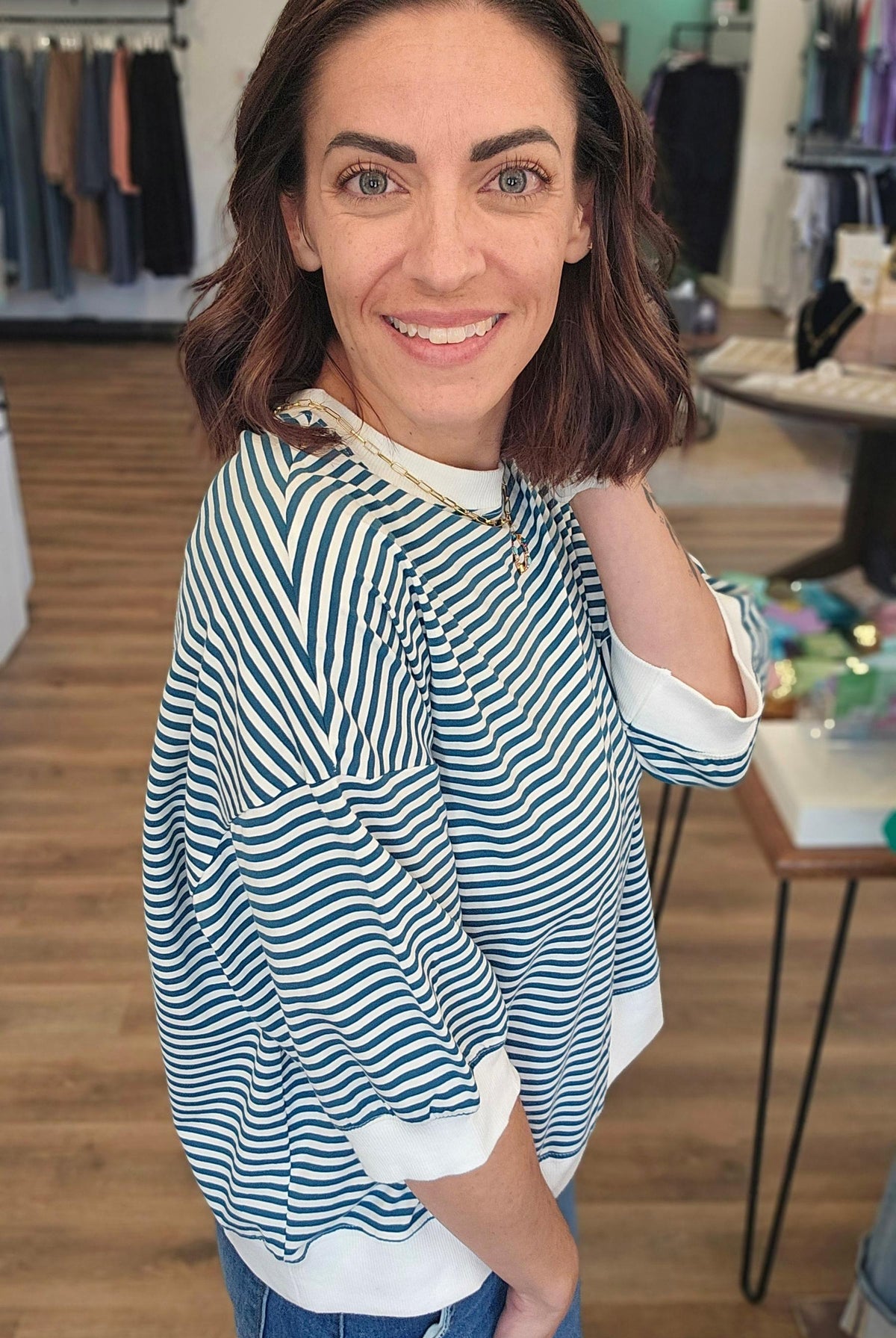 Shop Teal Striped Half-Sleeve Top- at Ruby Joy Boutique, a Women's Clothing Store in Pickerington, Ohio