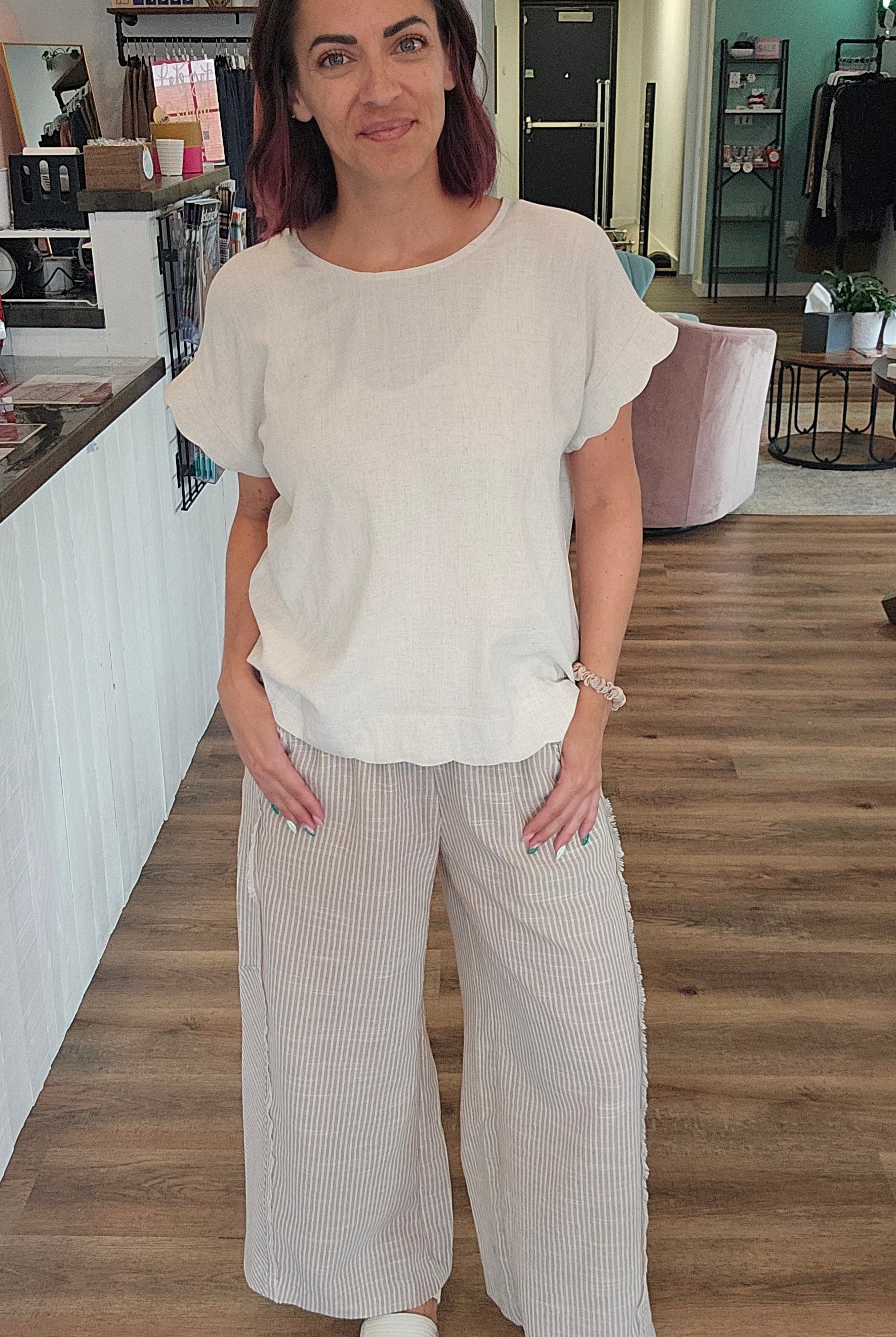 Shop Striped Wide Leg Linen Blend Pants - Tan- at Ruby Joy Boutique, a Women's Clothing Store in Pickerington, Ohio