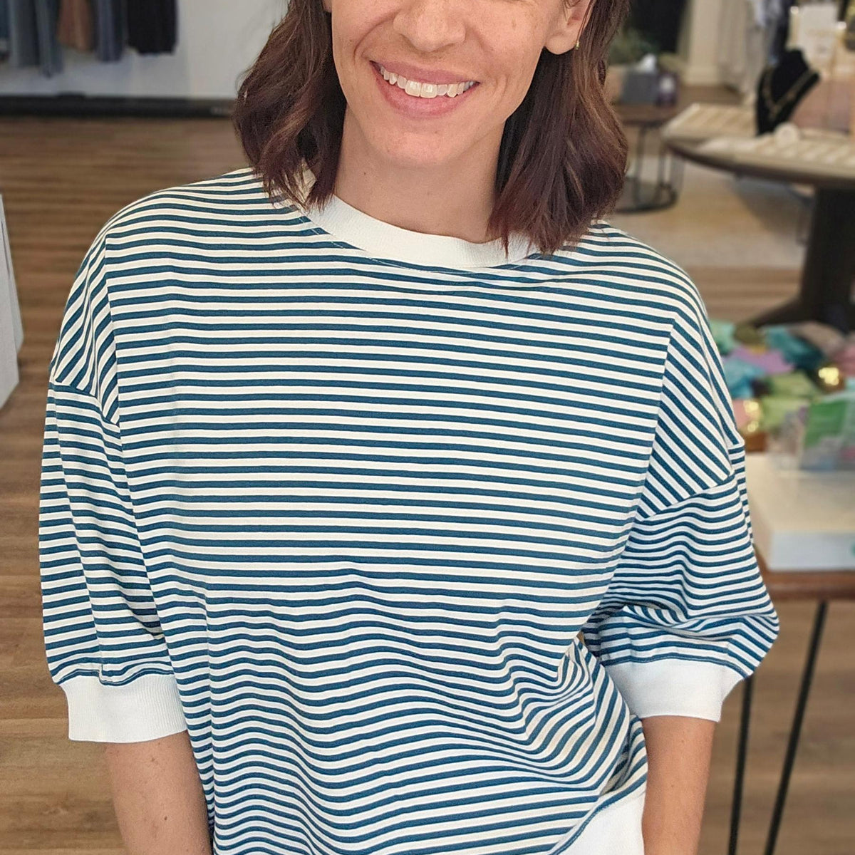 Shop Teal Striped Half-Sleeve Top- at Ruby Joy Boutique, a Women's Clothing Store in Pickerington, Ohio