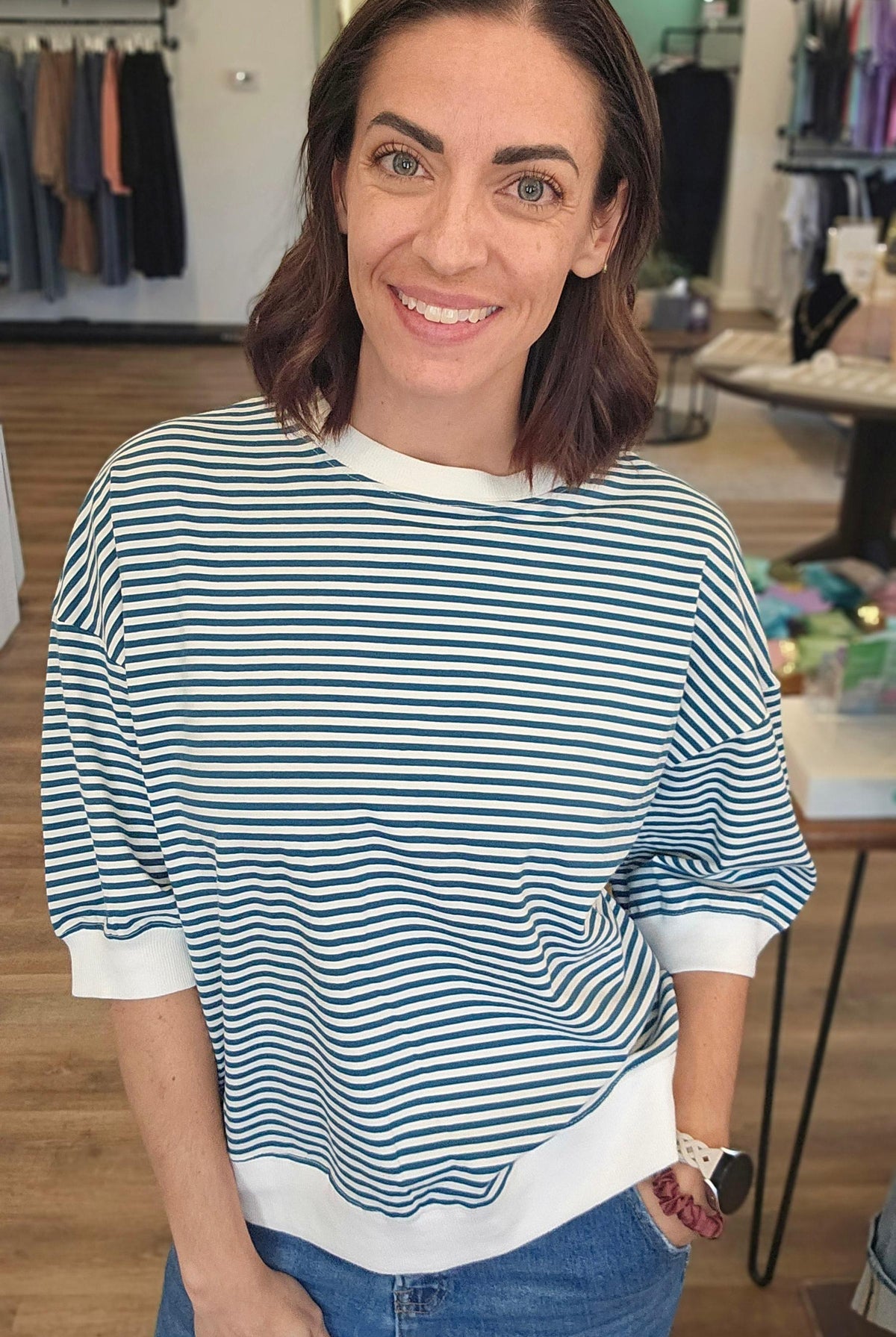 Shop Teal Striped Half-Sleeve Top- at Ruby Joy Boutique, a Women's Clothing Store in Pickerington, Ohio