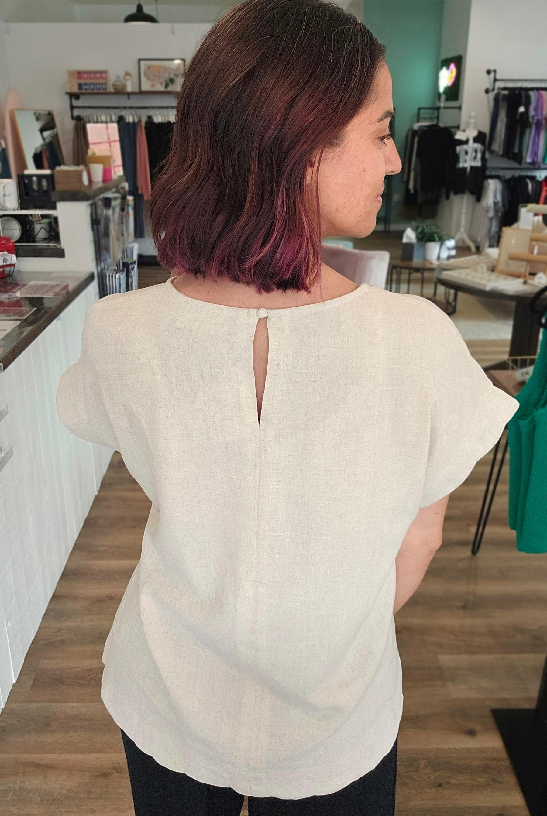 Shop Scalloped Hem Linen Blend Top - Oatmeal- at Ruby Joy Boutique, a Women's Clothing Store in Pickerington, Ohio