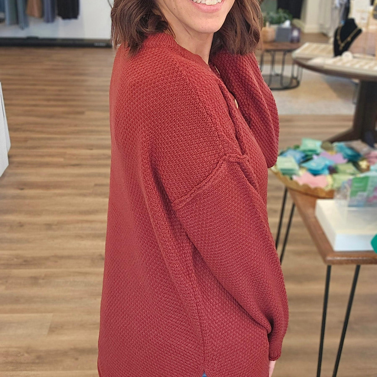 Shop Rolled Hem Henley Sweater - Dark Rust- at Ruby Joy Boutique, a Women's Clothing Store in Pickerington, Ohio