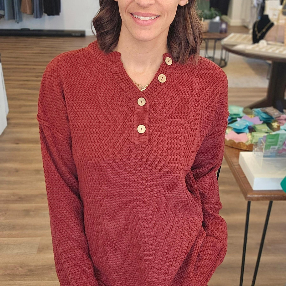 Shop Rolled Hem Henley Sweater - Dark Rust- at Ruby Joy Boutique, a Women's Clothing Store in Pickerington, Ohio