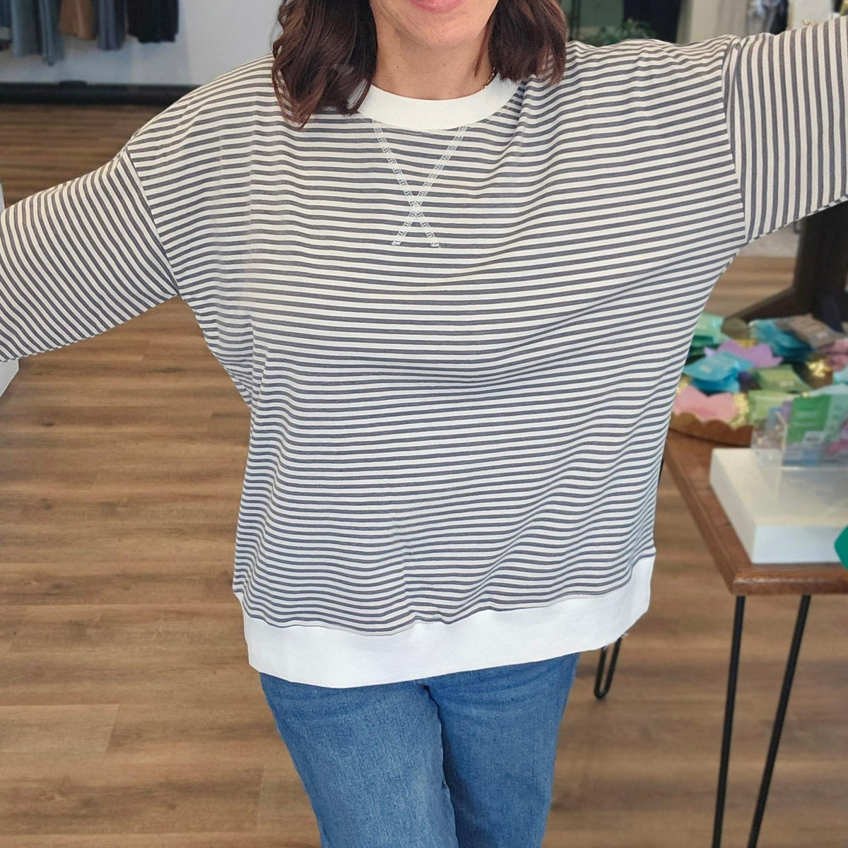 Shop Long Sleeve Charcoal Striped Top- at Ruby Joy Boutique, a Women's Clothing Store in Pickerington, Ohio