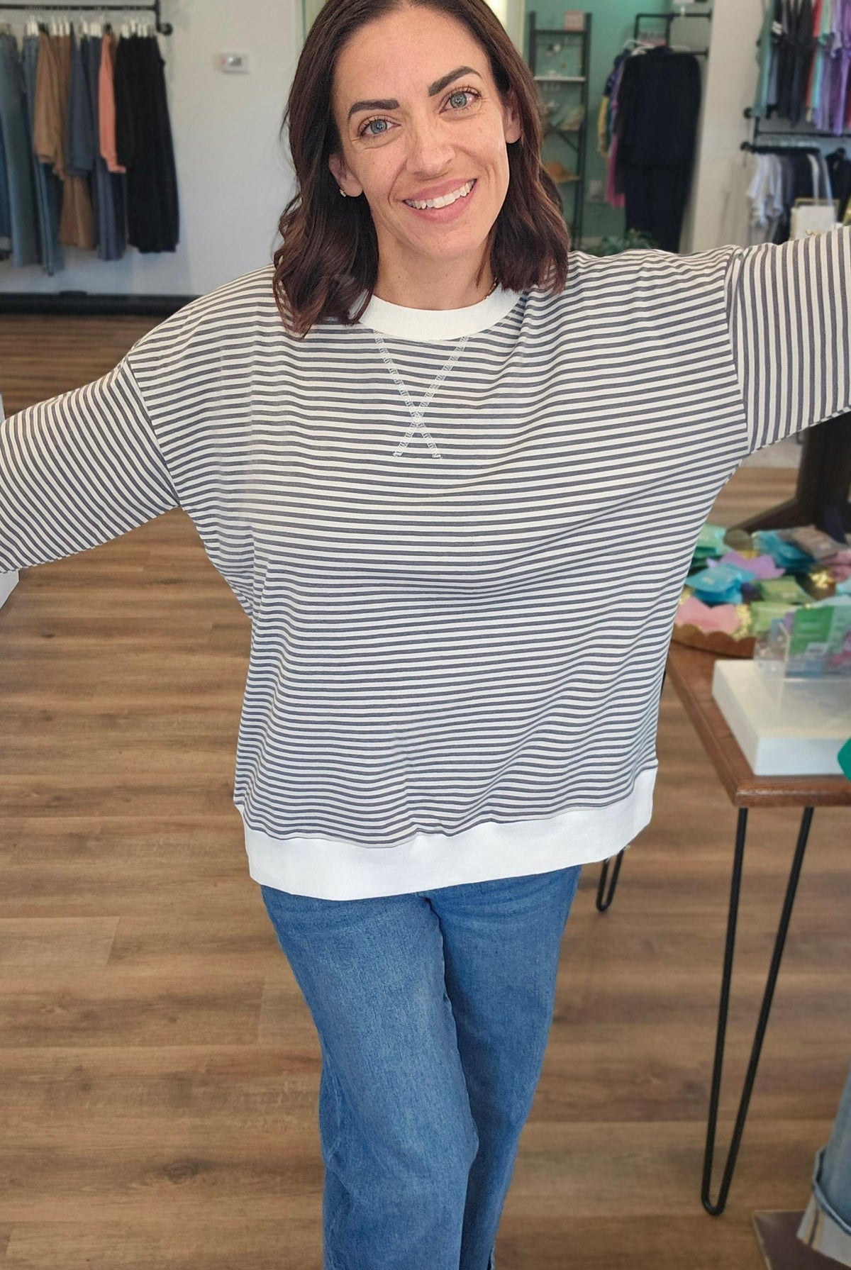 Shop Long Sleeve Charcoal Striped Top- at Ruby Joy Boutique, a Women's Clothing Store in Pickerington, Ohio