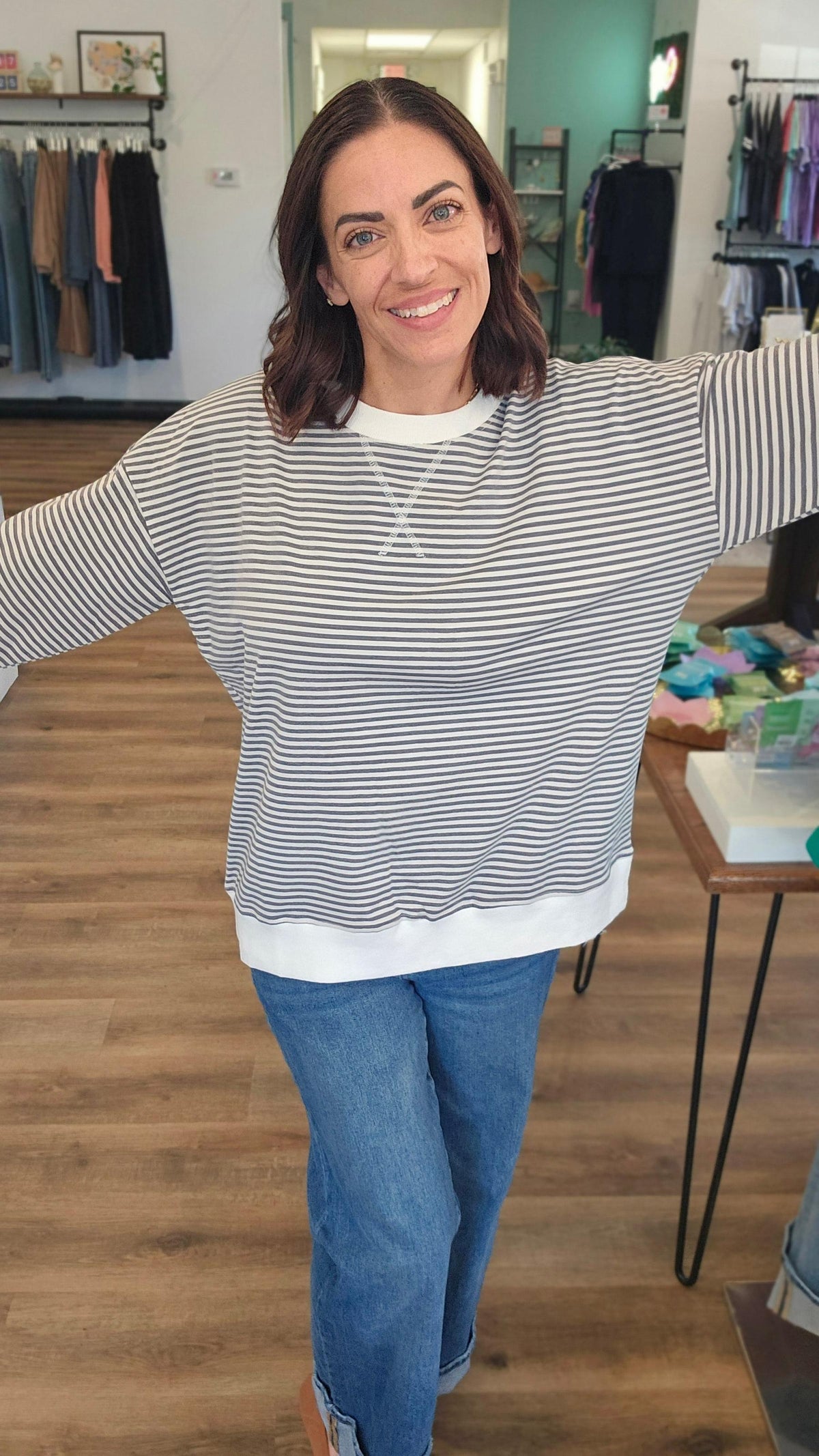 Shop Long Sleeve Charcoal Striped Top- at Ruby Joy Boutique, a Women's Clothing Store in Pickerington, Ohio
