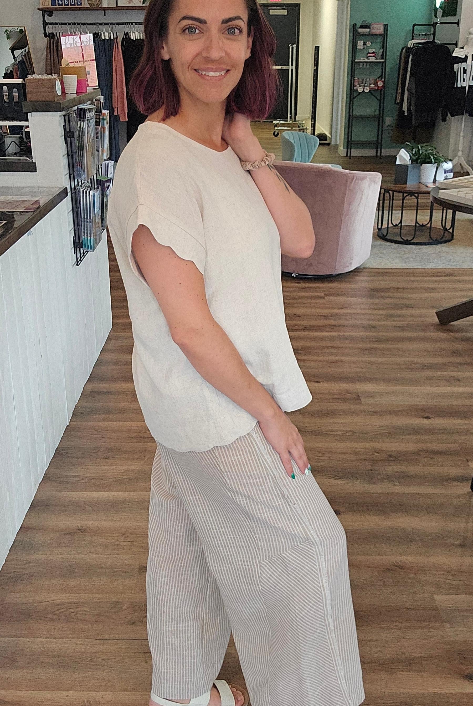 Shop Striped Wide Leg Linen Blend Pants - Tan- at Ruby Joy Boutique, a Women's Clothing Store in Pickerington, Ohio