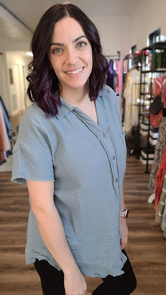 Paige Short Sleeved Gauze Button Down Top-Blouse-Ruby Joy Boutique, a Women's Fashion Boutique Located in Pickerington, Ohio