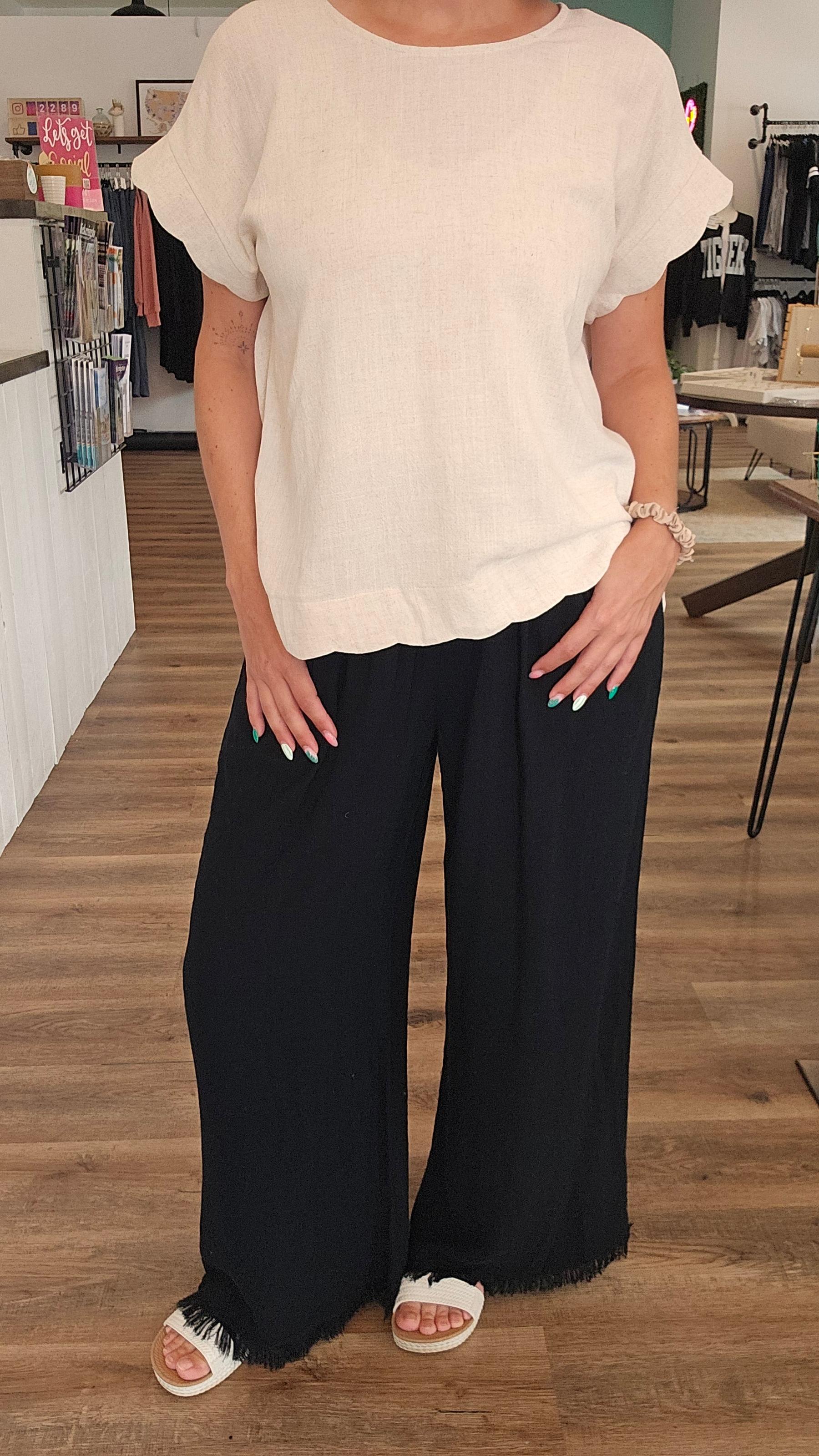 Shop Frayed Hem Wide Leg Linen Blend Pants - Black- at Ruby Joy Boutique, a Women's Clothing Store in Pickerington, Ohio