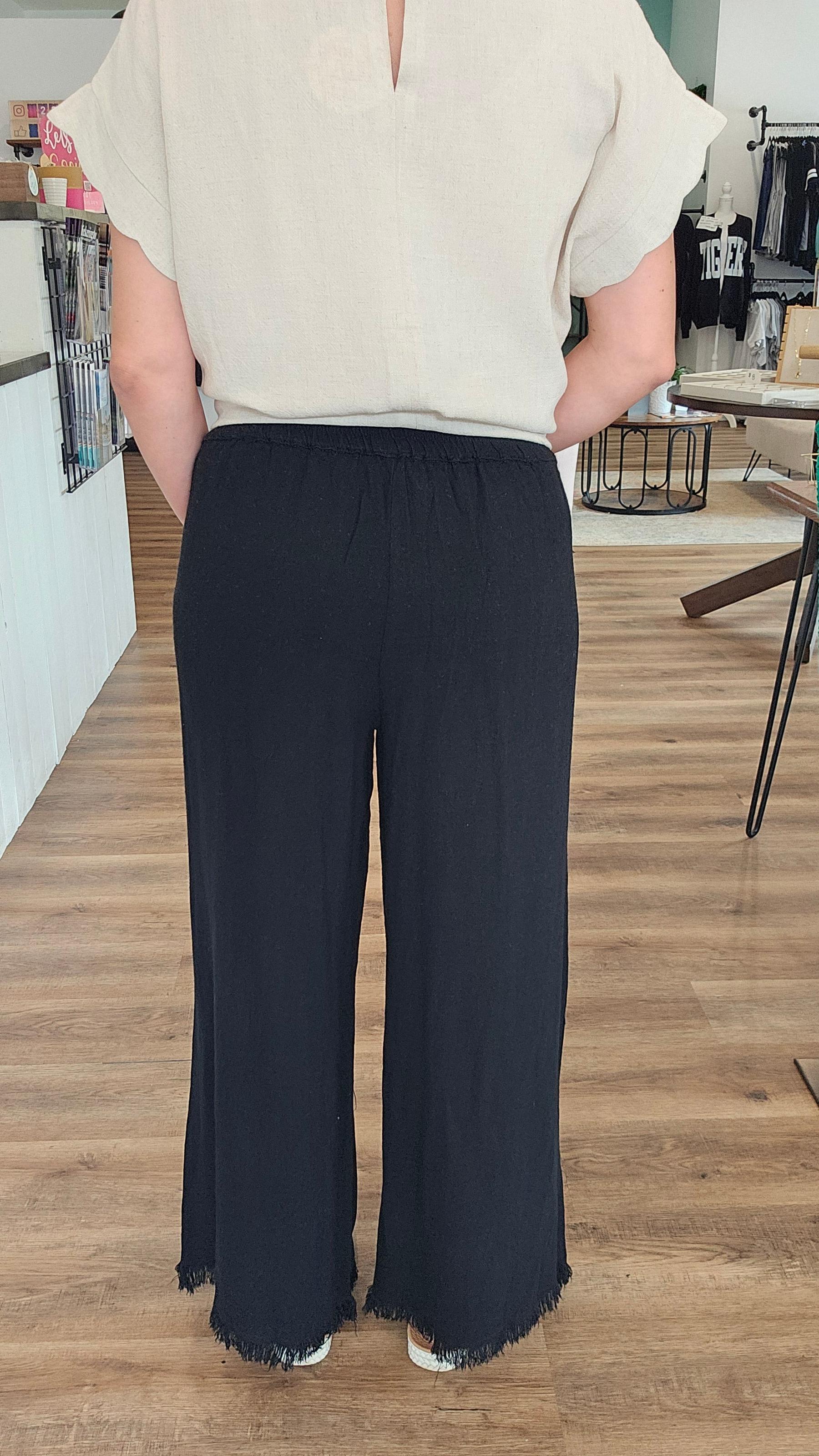 Shop Frayed Hem Wide Leg Linen Blend Pants - Black- at Ruby Joy Boutique, a Women's Clothing Store in Pickerington, Ohio