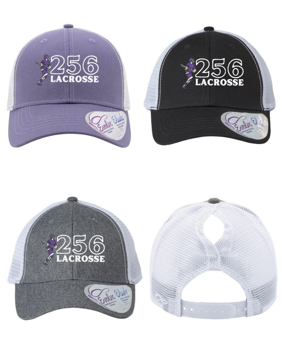 Shop 256 Lacrosse Graphic Women's Trucker Hat with Evolve™ Concealed Ponytail Opening-Vintage Player at Ruby Joy Boutique, a Women's Clothing Store in Pickerington, Ohio