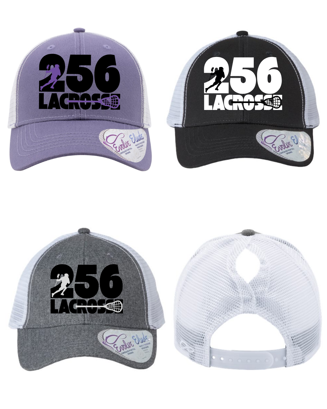Shop 256 Lacrosse Graphic Women's Trucker Hat with Evolve™ Concealed Ponytail Opening-256 Cutout Silhouettes at Ruby Joy Boutique, a Women's Clothing Store in Pickerington, Ohio