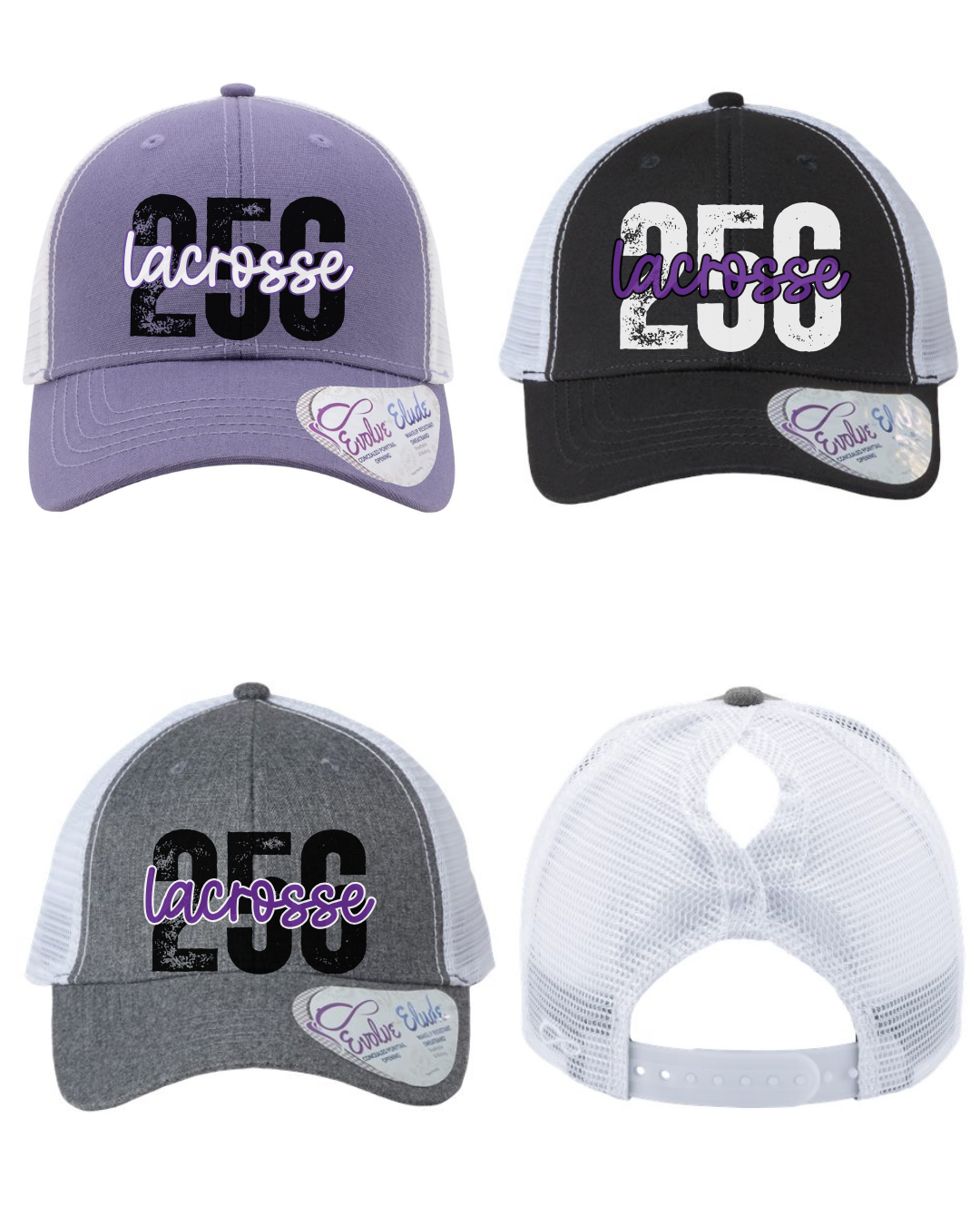 Shop 256 Lacrosse Graphic Women's Trucker Hat with Evolve™ Concealed Ponytail Opening-256 Lacrosse Script 1 at Ruby Joy Boutique, a Women's Clothing Store in Pickerington, Ohio