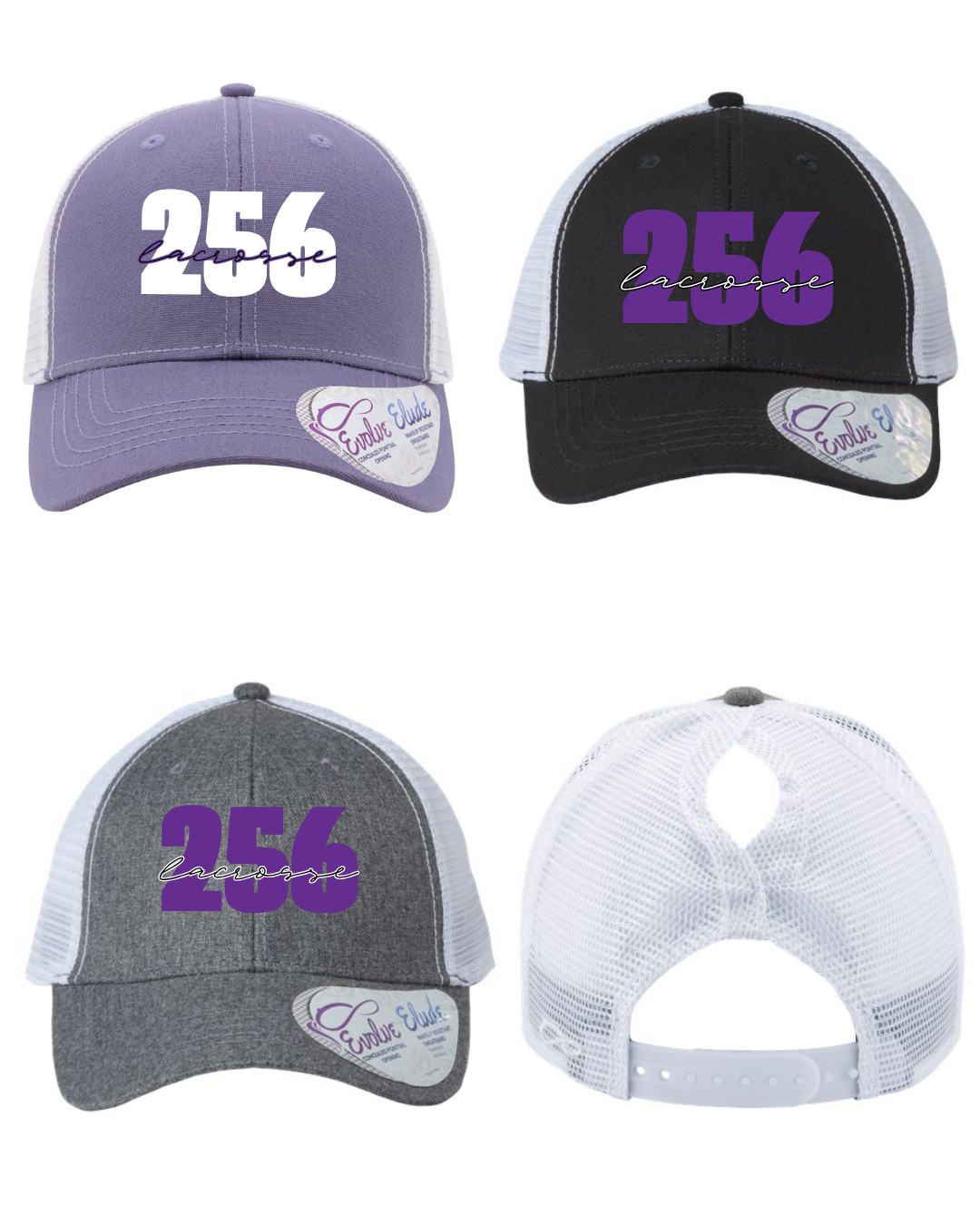 Shop 256 Lacrosse Graphic Women's Trucker Hat with Evolve™ Concealed Ponytail Opening-256 Lacrosse Script 2 at Ruby Joy Boutique, a Women's Clothing Store in Pickerington, Ohio