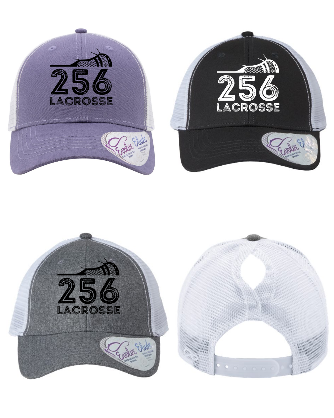Shop 256 Lacrosse Graphic Women's Trucker Hat with Evolve™ Concealed Ponytail Opening-Horizontal Lacrosse Stick 1 at Ruby Joy Boutique, a Women's Clothing Store in Pickerington, Ohio