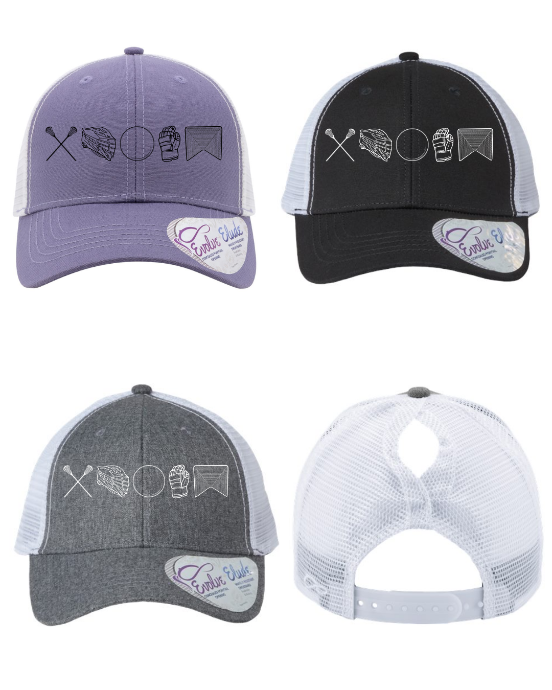 Shop 256 Lacrosse Graphic Women's Trucker Hat with Evolve™ Concealed Ponytail Opening-Lax Icons at Ruby Joy Boutique, a Women's Clothing Store in Pickerington, Ohio
