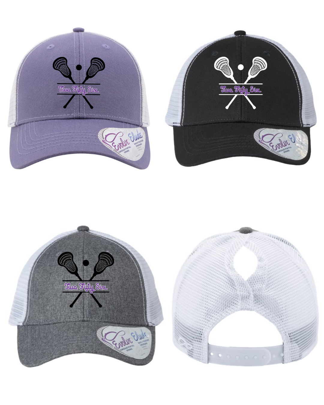 Shop 256 Lacrosse Graphic Women's Trucker Hat with Evolve™ Concealed Ponytail Opening-Lax Sticks at Ruby Joy Boutique, a Women's Clothing Store in Pickerington, Ohio