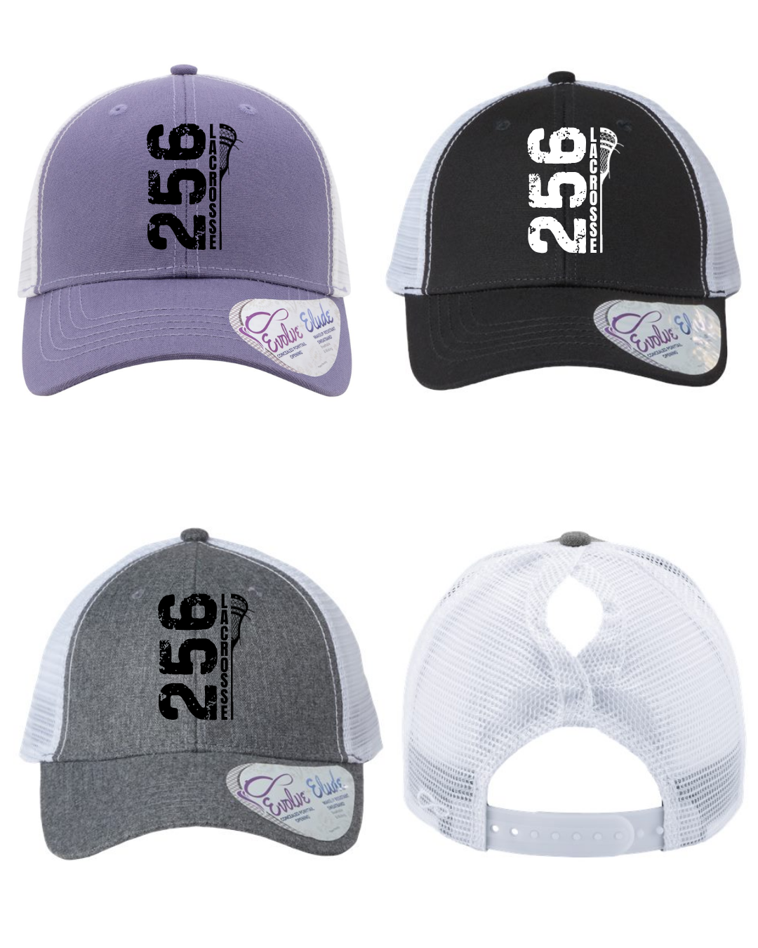 Shop 256 Lacrosse Graphic Women's Trucker Hat with Evolve™ Concealed Ponytail Opening-Vertical Lacrosse Stick at Ruby Joy Boutique, a Women's Clothing Store in Pickerington, Ohio
