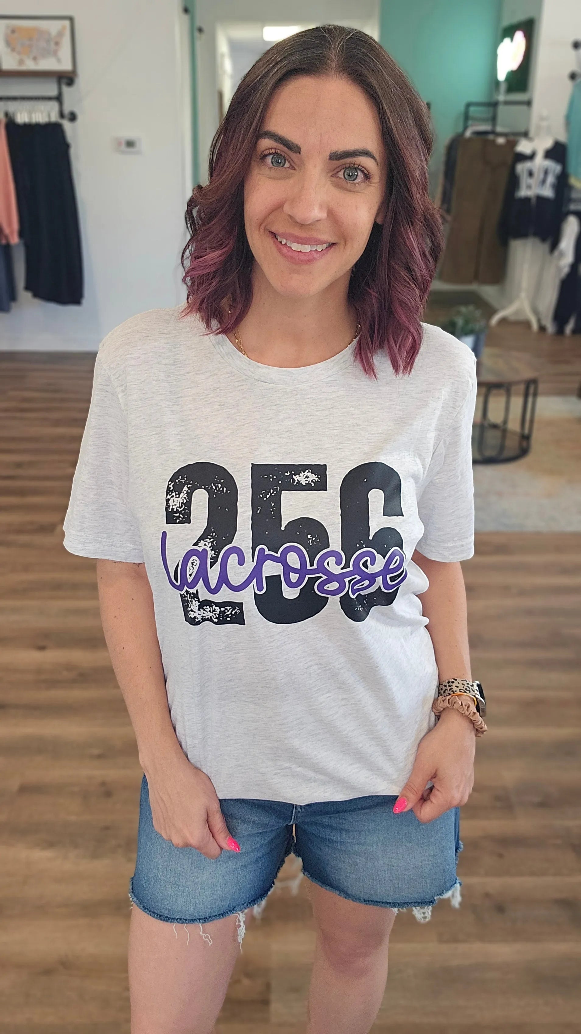 Shop 256 Lacrosse Playful Script Graphic Tee- at Ruby Joy Boutique, a Women's Clothing Store in Pickerington, Ohio