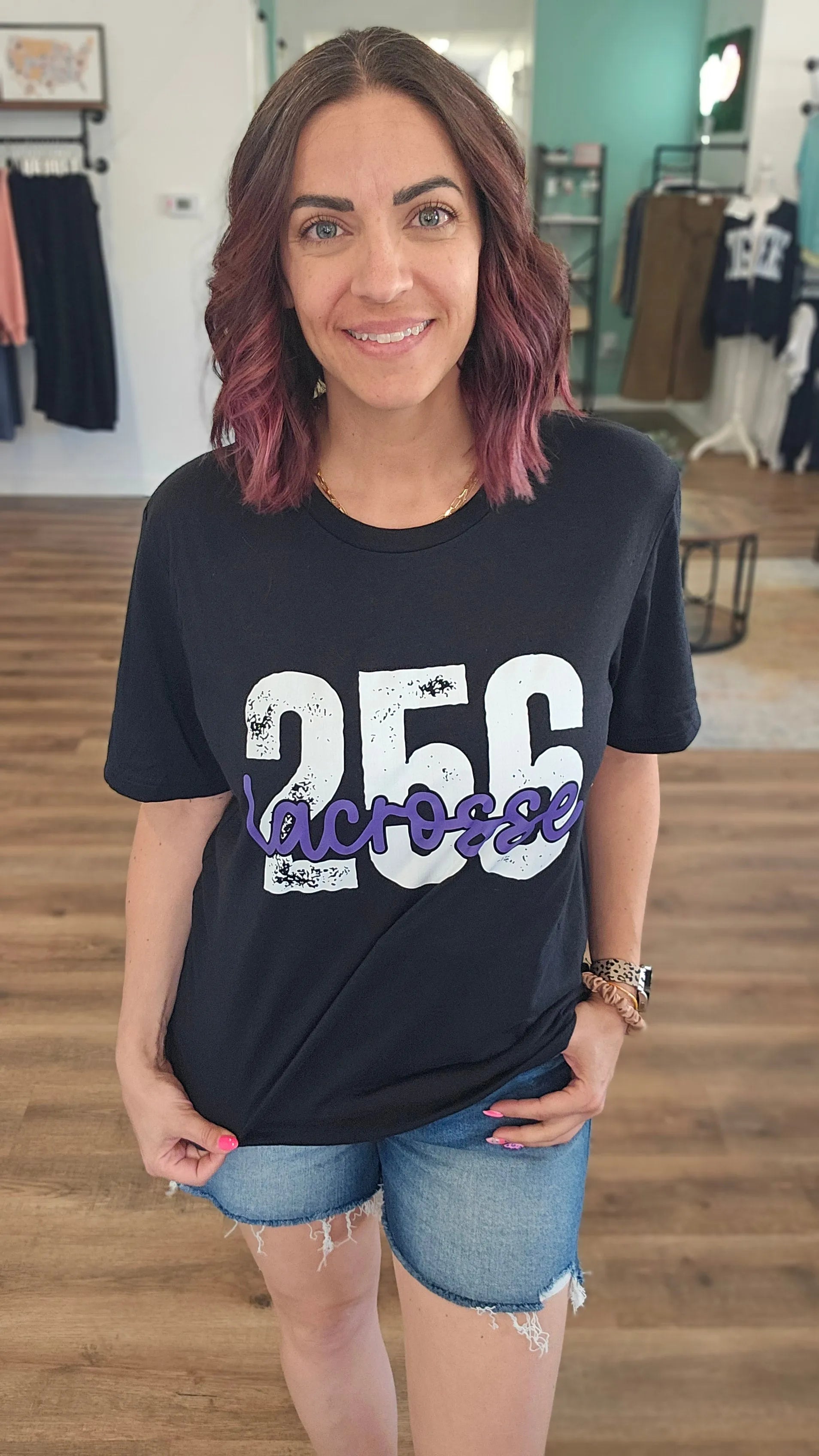 Shop 256 Lacrosse Playful Script Graphic Tee- at Ruby Joy Boutique, a Women's Clothing Store in Pickerington, Ohio