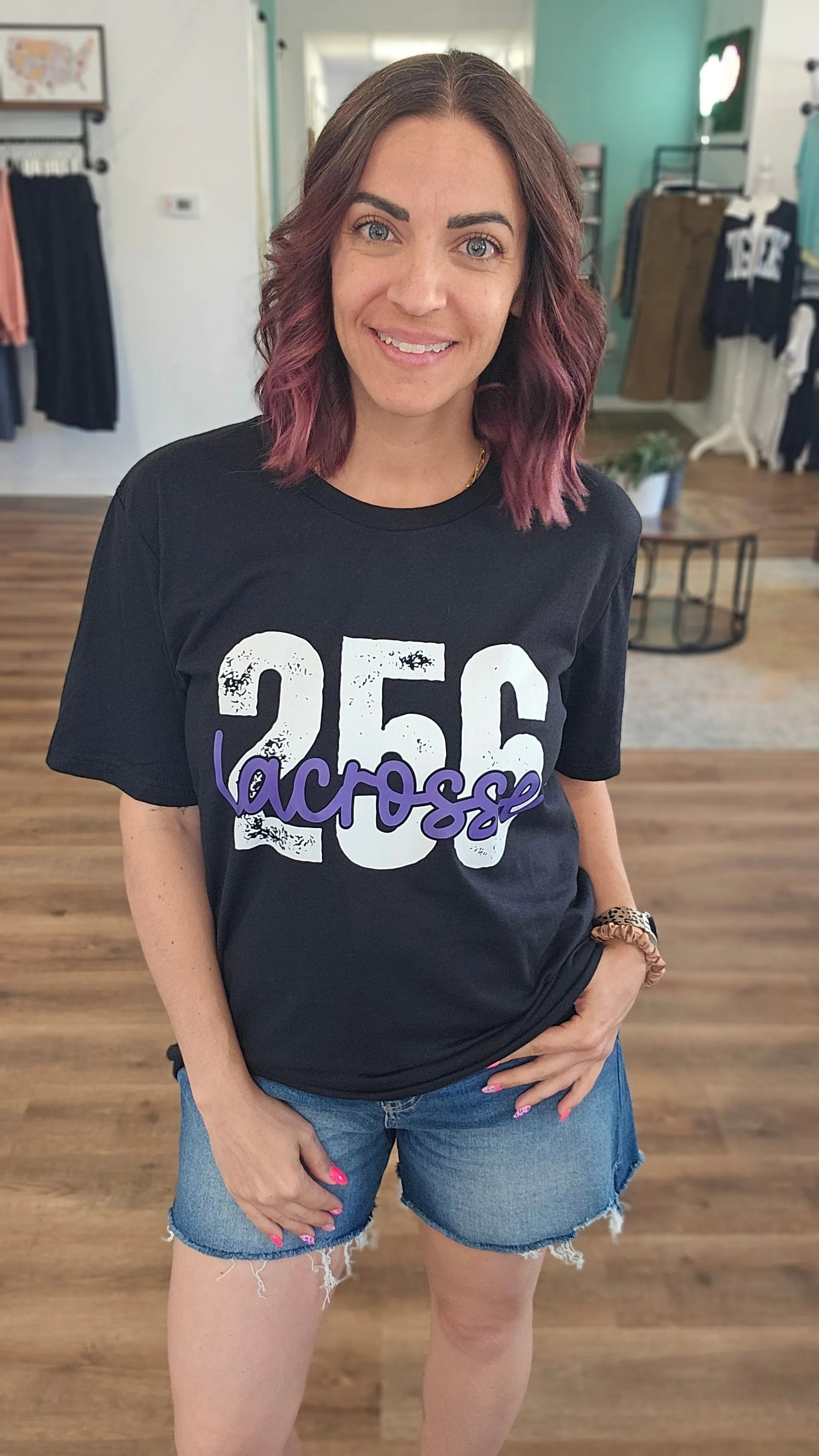 Shop 256 Lacrosse Playful Script Graphic Tee- at Ruby Joy Boutique, a Women's Clothing Store in Pickerington, Ohio