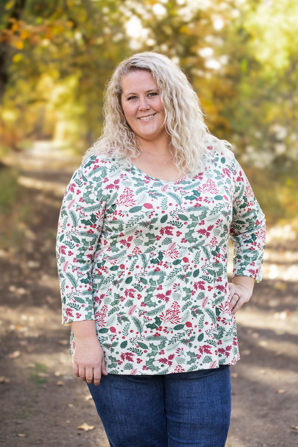 Shop 3/4 Sleeve Sarah Ruffle - Holiday Berry-Tops at Ruby Joy Boutique, a Women's Clothing Store in Pickerington, Ohio