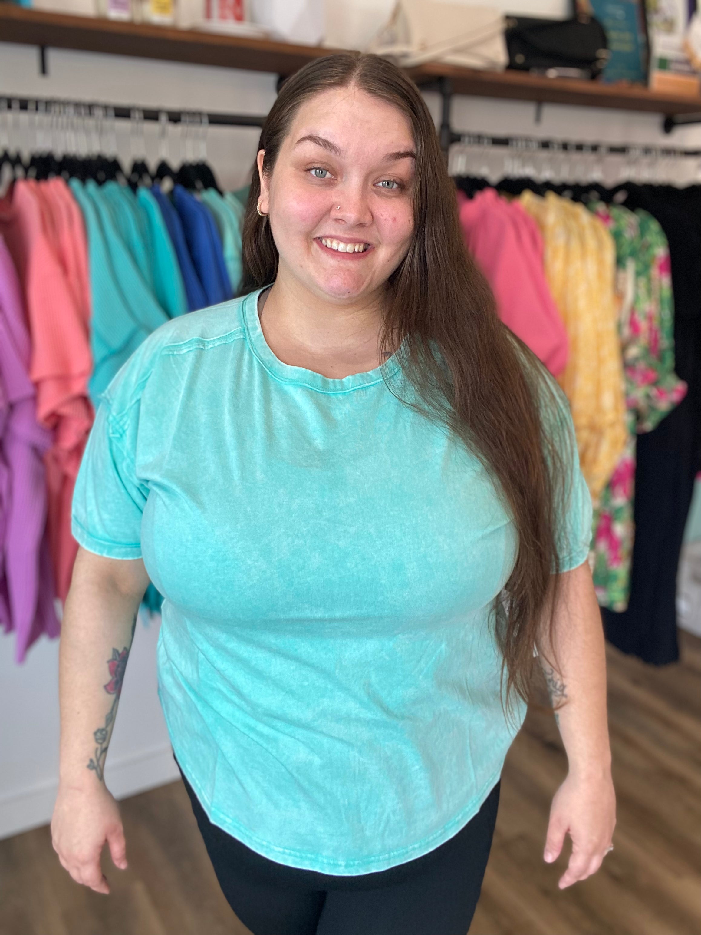 Shop Acid Wash Raw-Edge Tee - Mint- at Ruby Joy Boutique, a Women's Clothing Store in Pickerington, Ohio