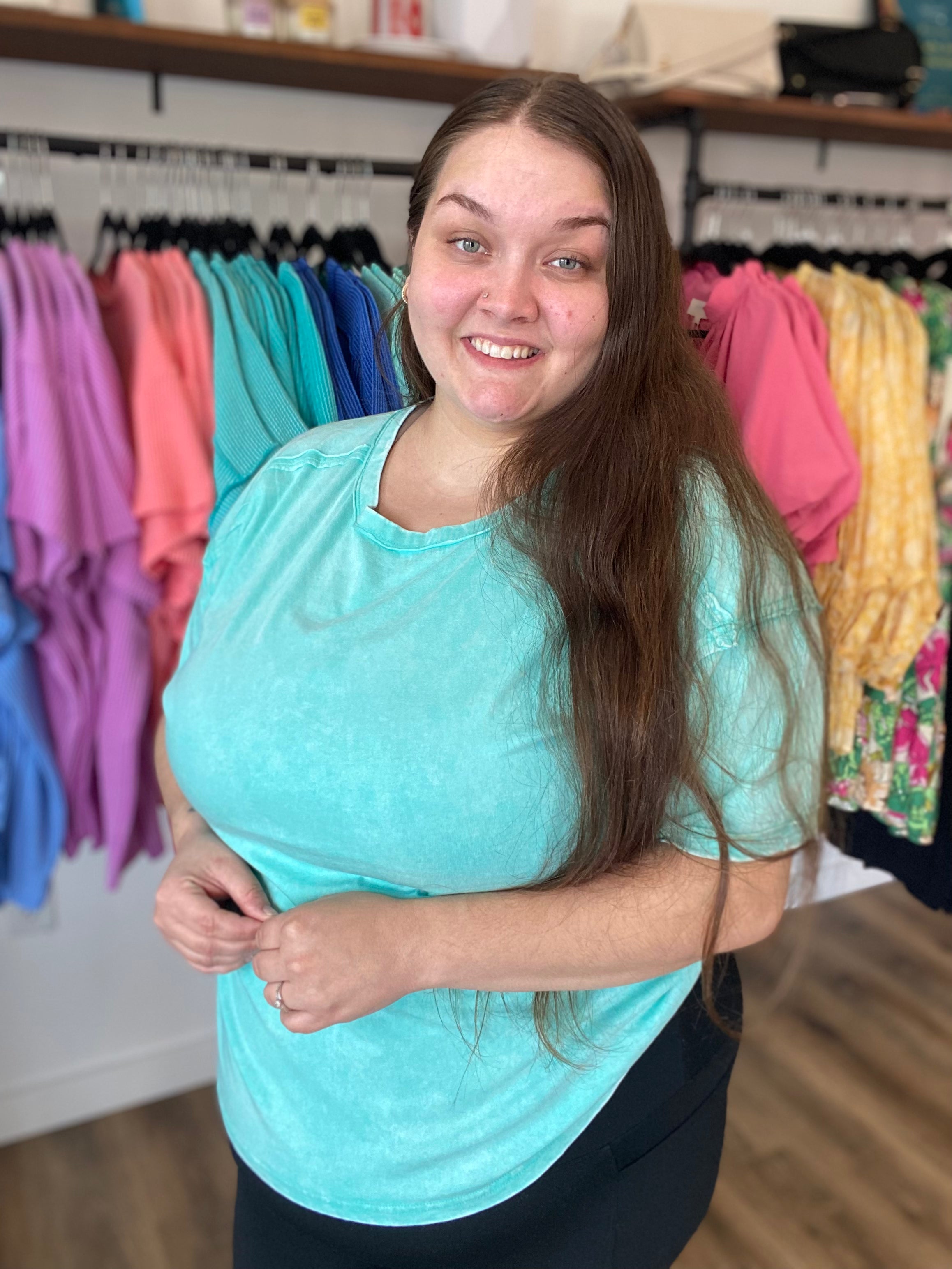 Shop Acid Wash Raw-Edge Tee - Mint- at Ruby Joy Boutique, a Women's Clothing Store in Pickerington, Ohio