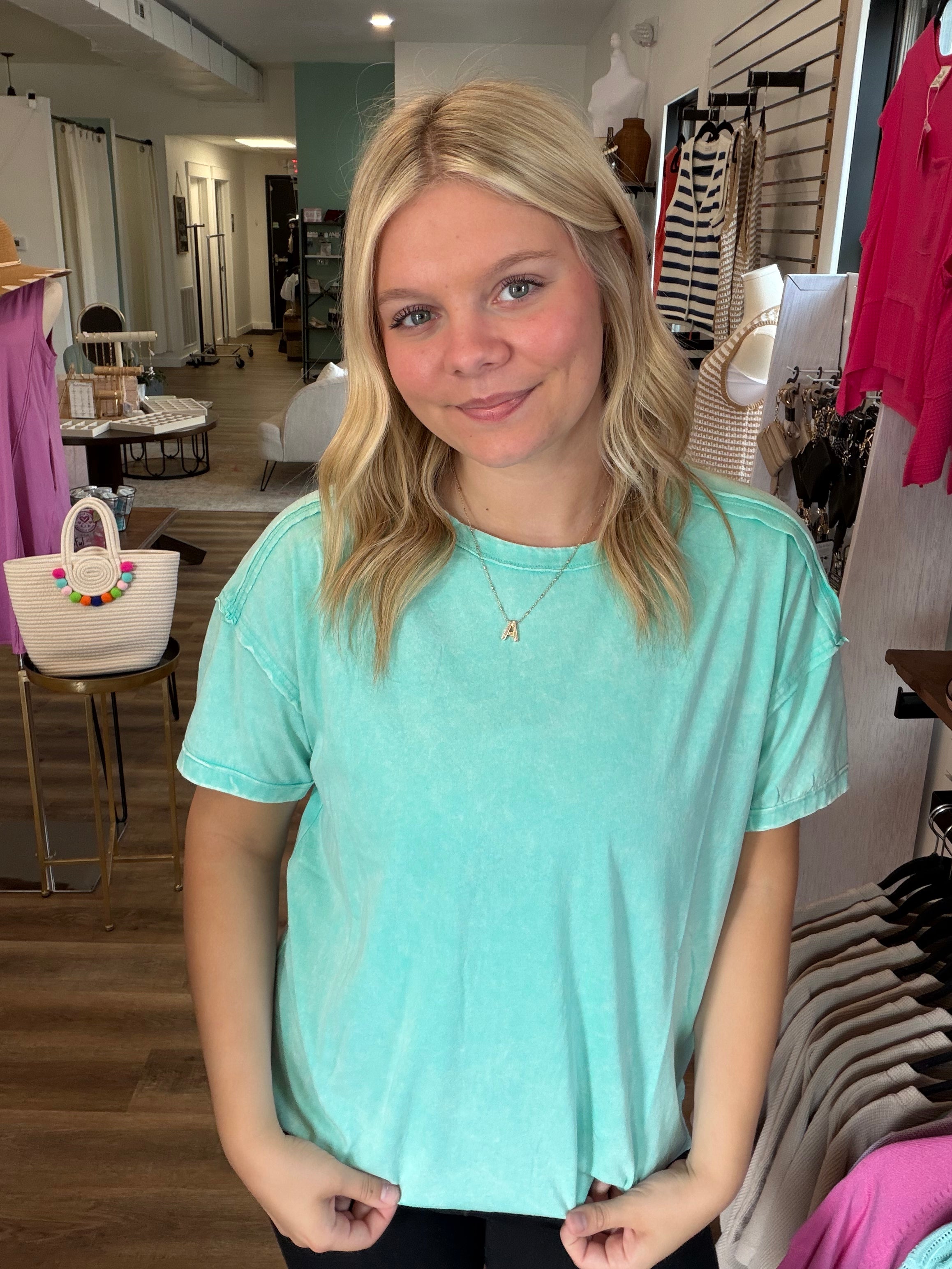Shop Acid Wash Raw-Edge Tee - Mint- at Ruby Joy Boutique, a Women's Clothing Store in Pickerington, Ohio
