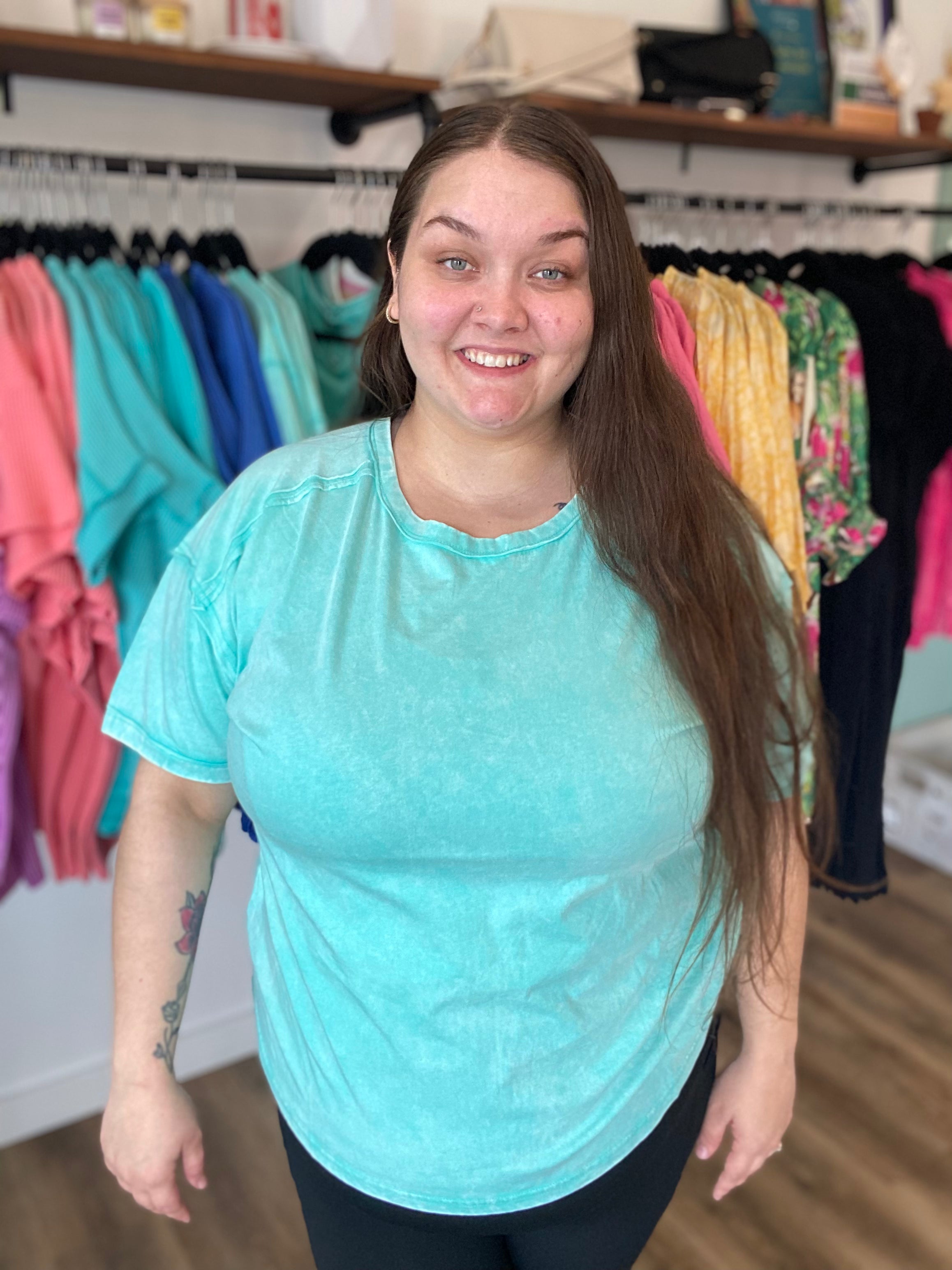 Shop Acid Wash Raw-Edge Tee - Mint- at Ruby Joy Boutique, a Women's Clothing Store in Pickerington, Ohio